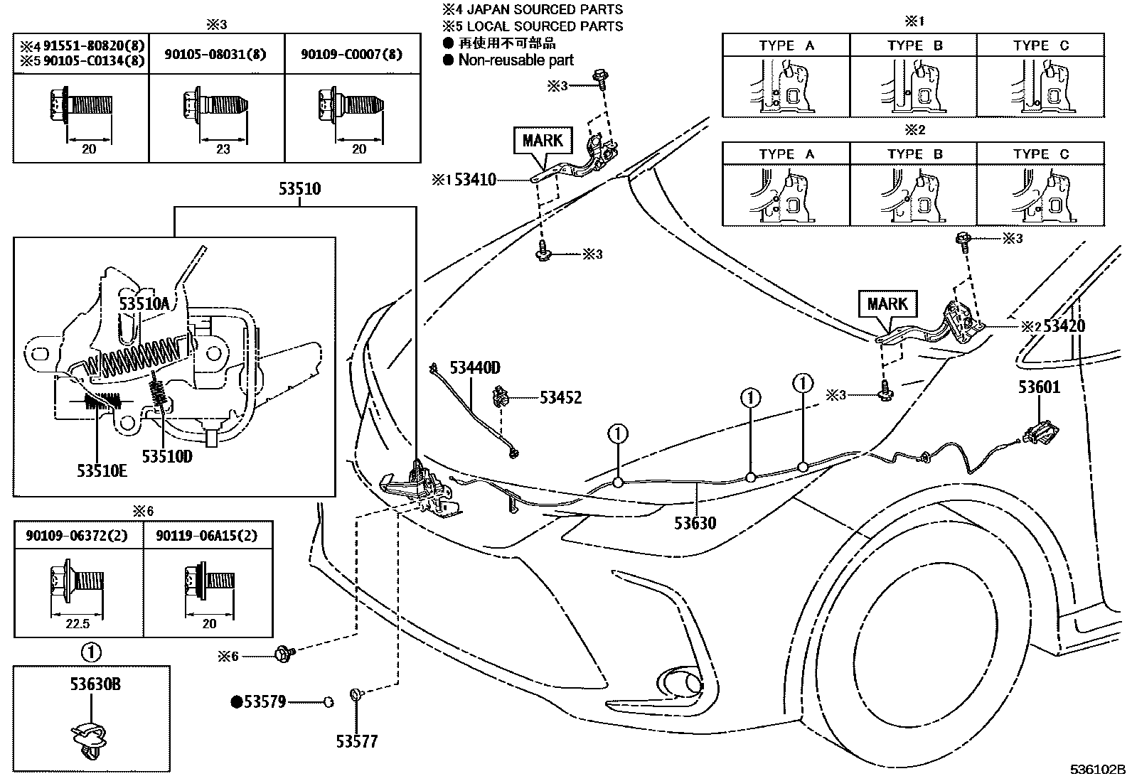 Toyota COROLLA 发动机盖锁和铰链 EPC diagram — 536102B