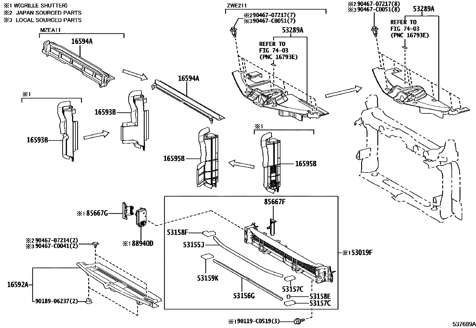 Toyota COROLLA 前翼子板挡泥板和前围板 EPC diagram — 537689A