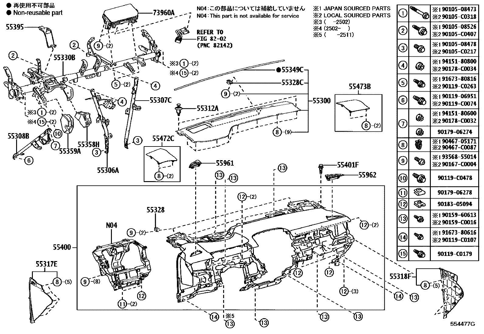 Toyota COROLLA 仪表板和手套箱 EPC diagram — 554477G