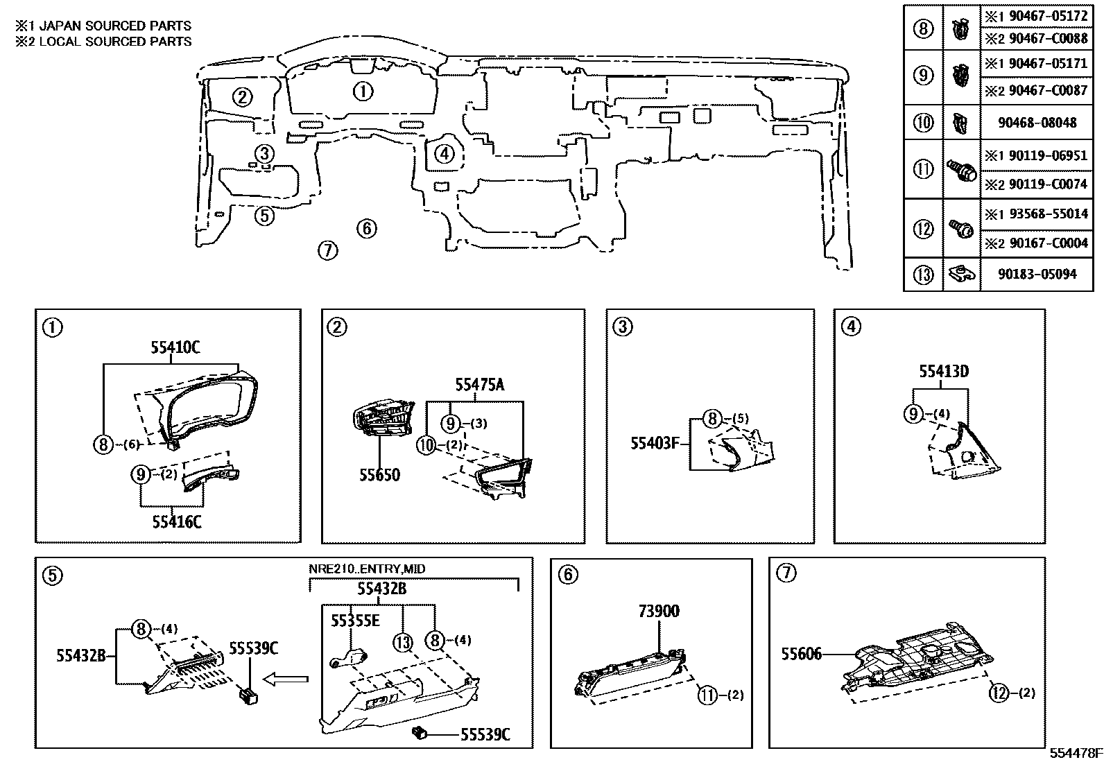 Toyota COROLLA 仪表板和手套箱 EPC diagram — 554478F