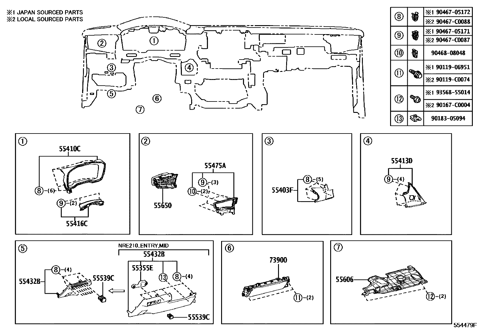 Toyota COROLLA 仪表板和手套箱 EPC diagram — 554479F