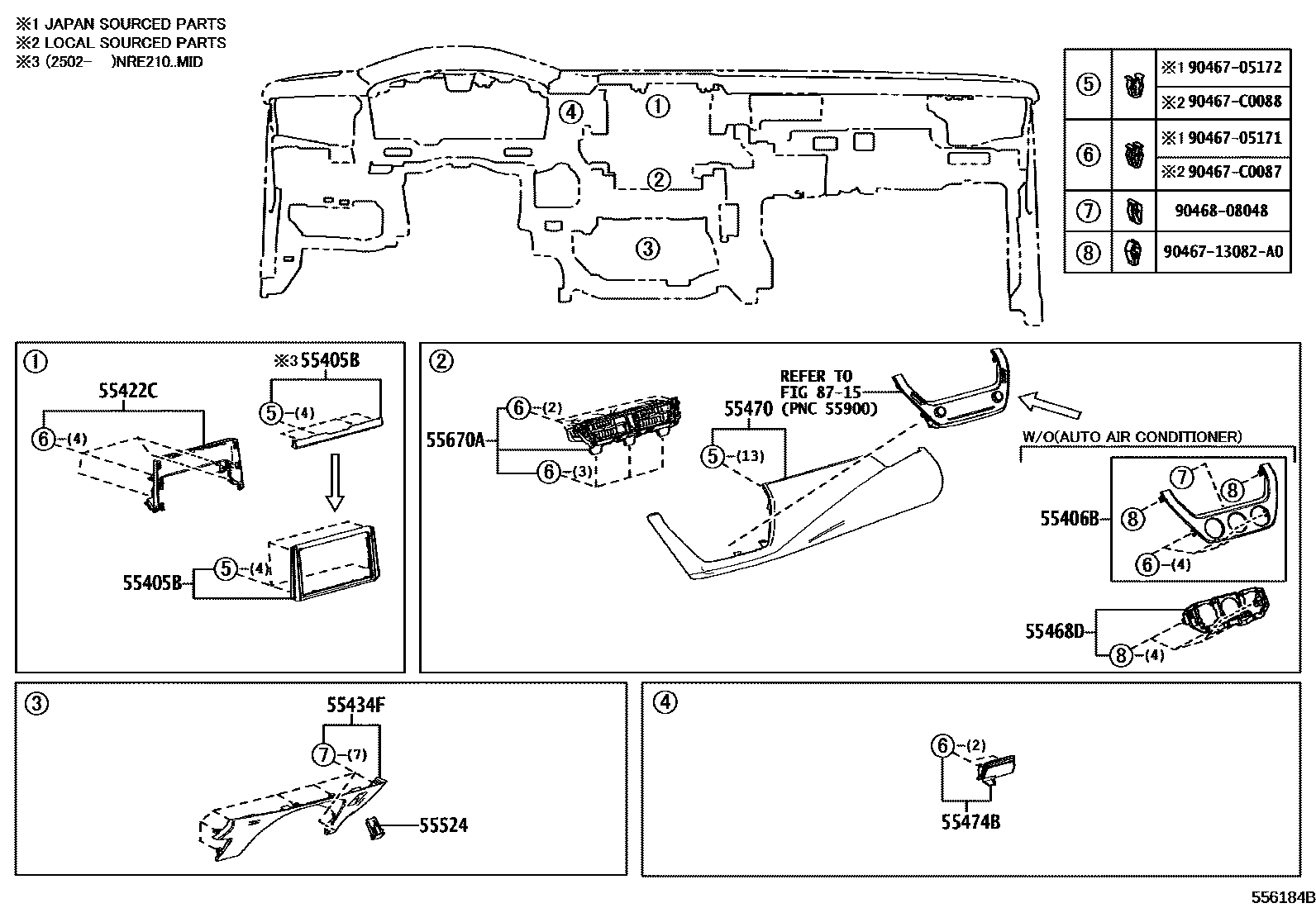 Toyota COROLLA 仪表板和手套箱 EPC diagram — 556184B