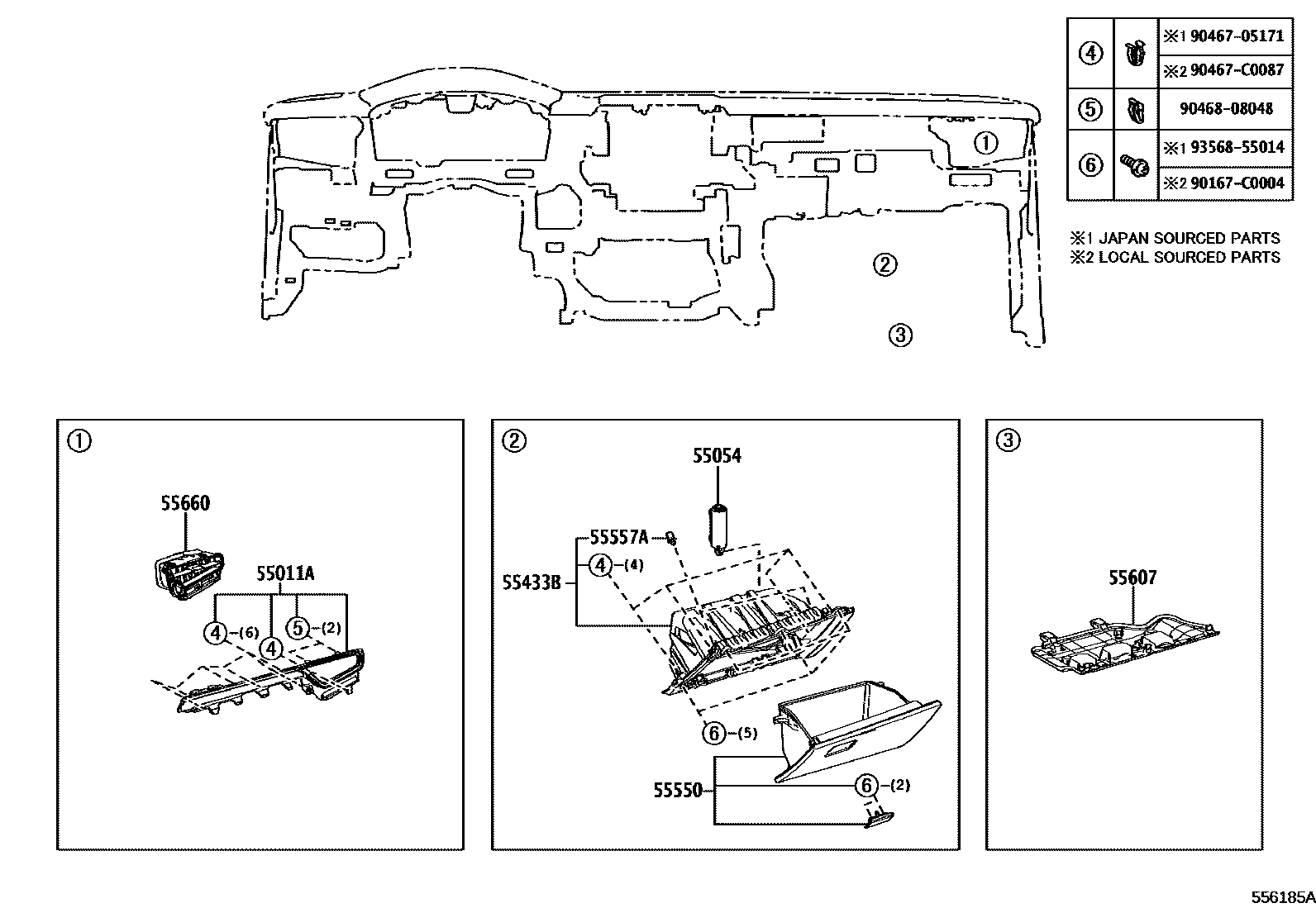 Toyota COROLLA 仪表板和手套箱 EPC diagram — 556185A