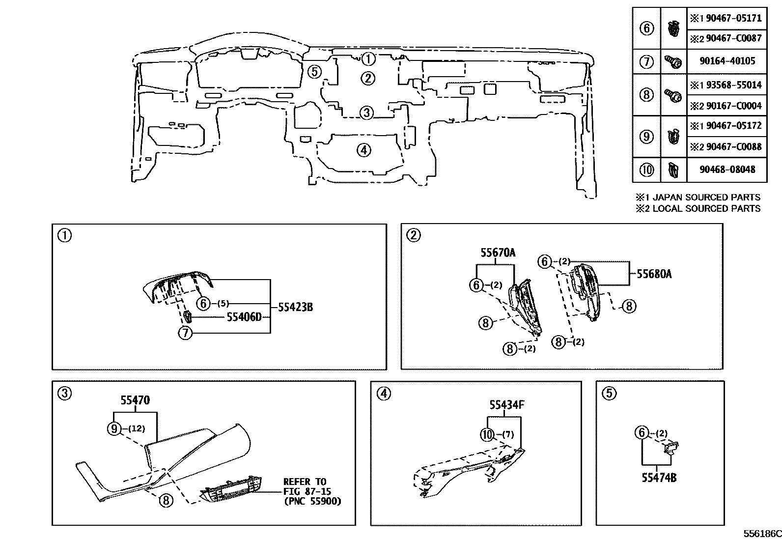 Toyota COROLLA 仪表板和手套箱 EPC diagram — 556186C