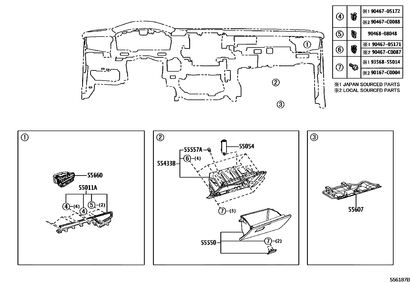 Toyota COROLLA 仪表板和手套箱 EPC diagram — 556187B