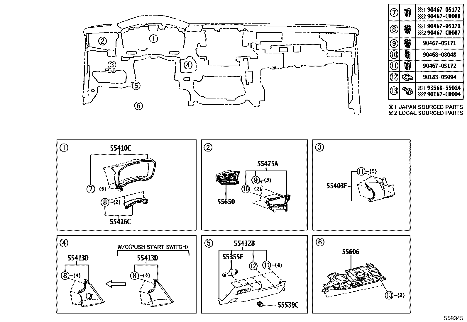 Toyota COROLLA 仪表板和手套箱 EPC diagram — 558345