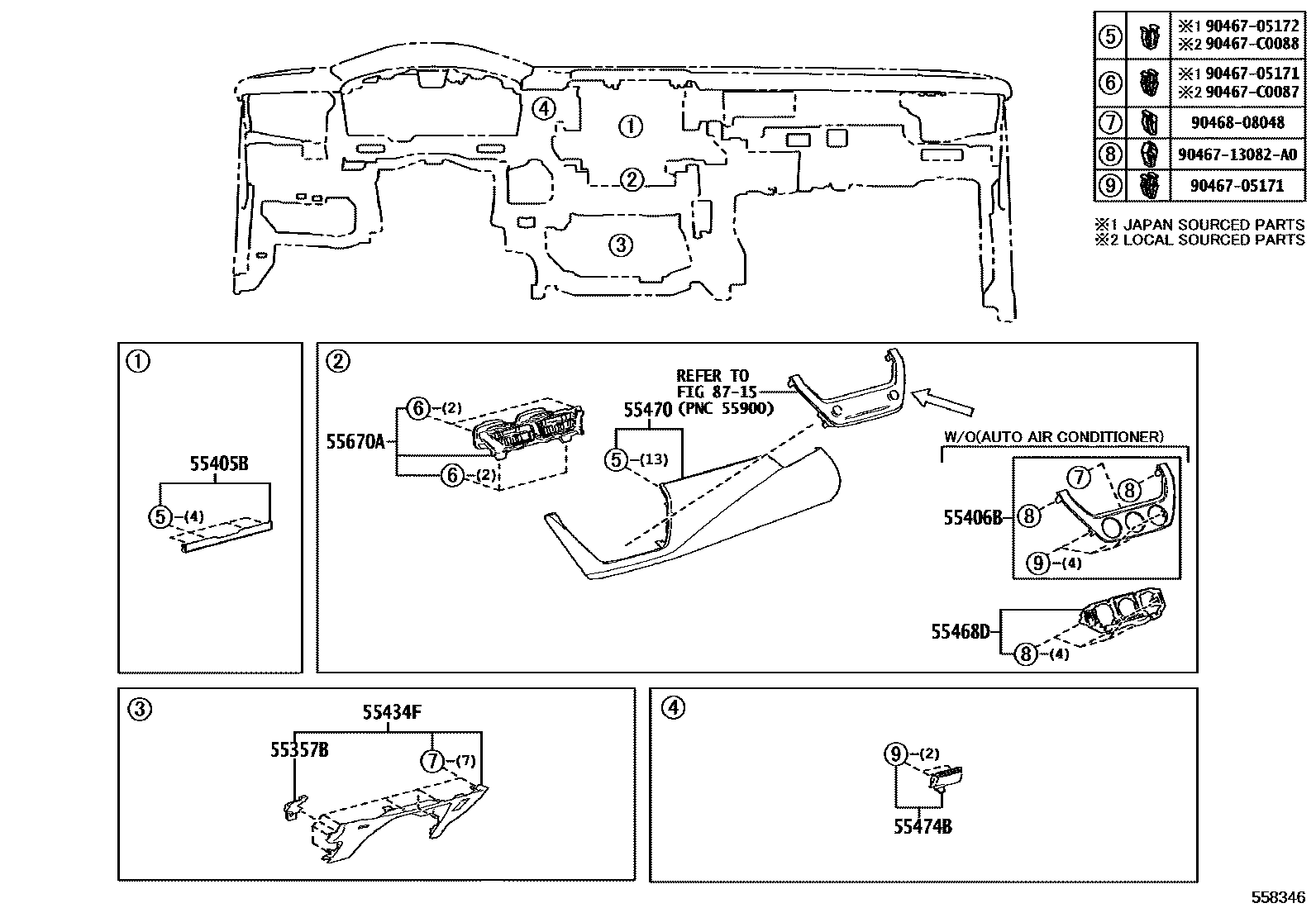 Toyota COROLLA 仪表板和手套箱 EPC diagram — 558346