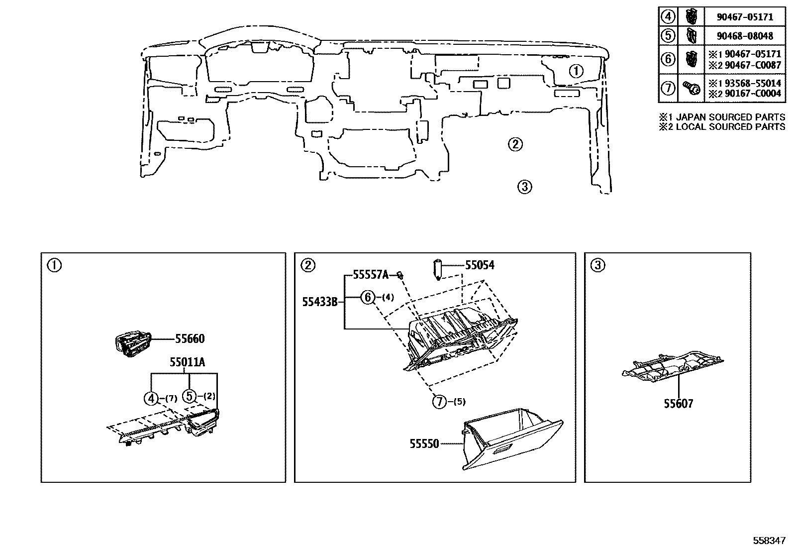 Toyota COROLLA 仪表板和手套箱 EPC diagram — 558347