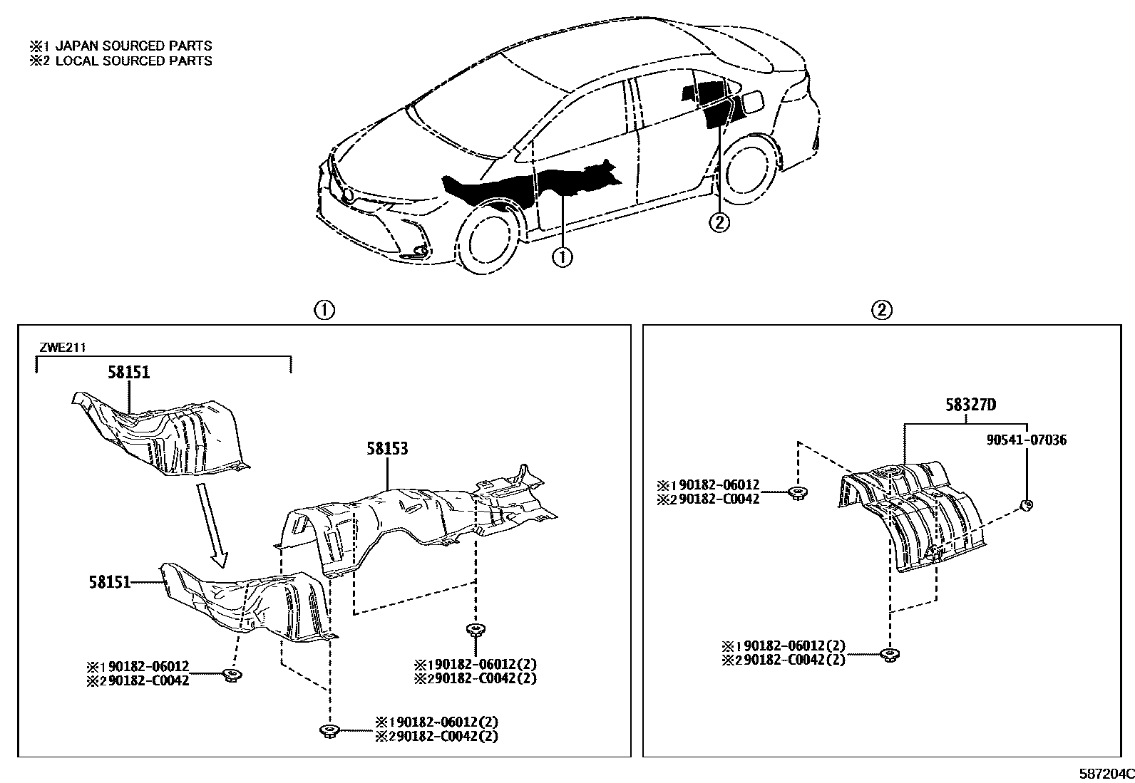 Toyota COROLLA 地板隔热垫 EPC diagram — 587204C