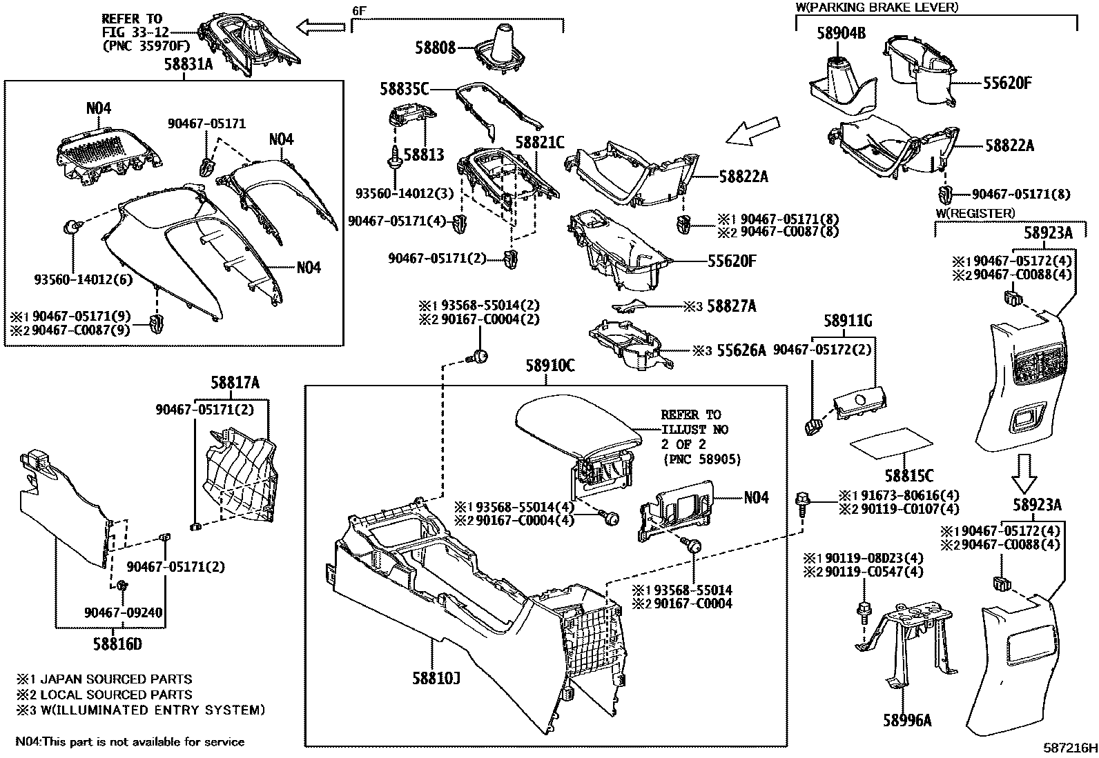 Toyota COROLLA 中央扶手箱和支架 EPC diagram — 587216H