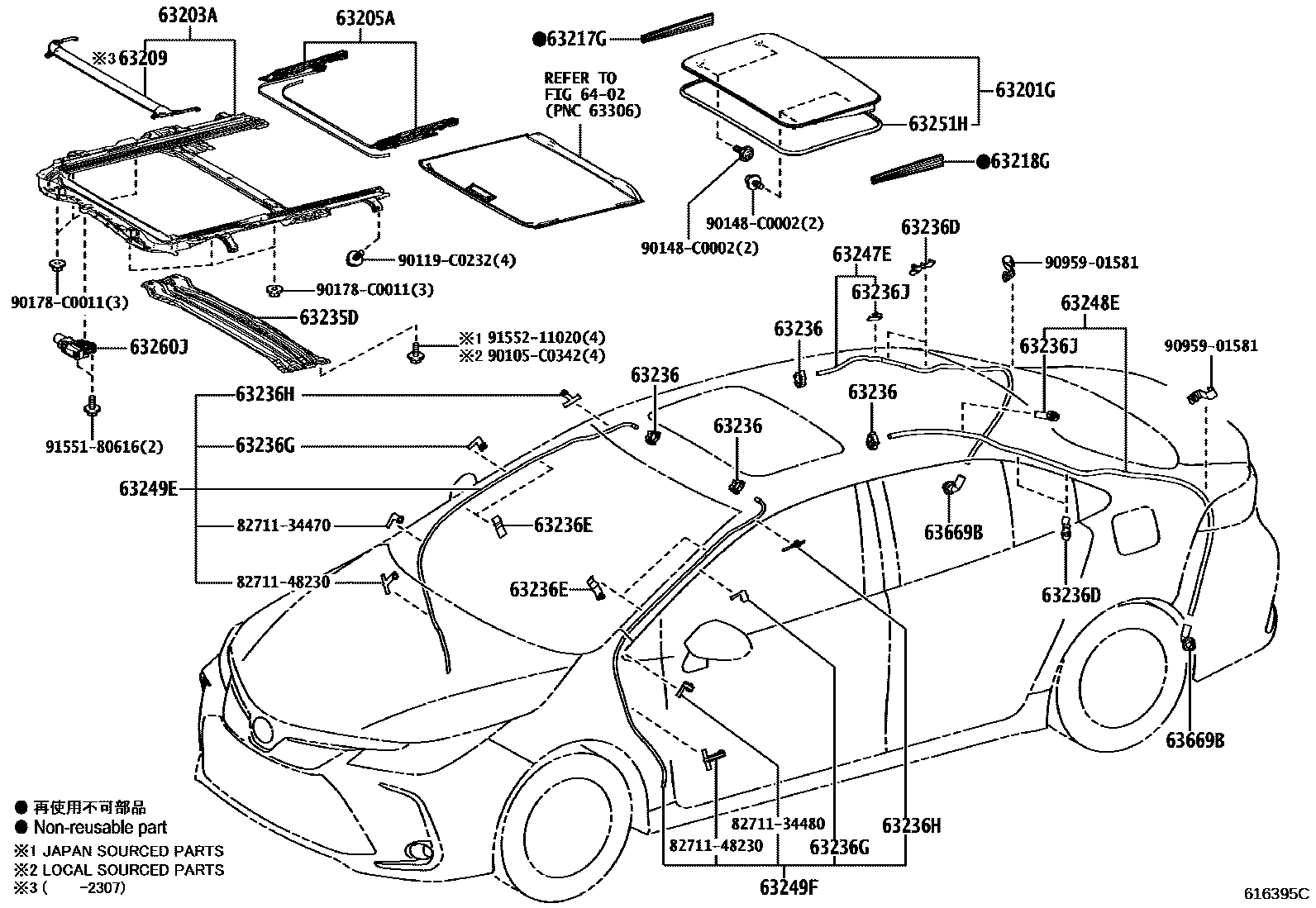 Toyota COROLLA 天窗板和背窗玻璃 EPC diagram — 616395C