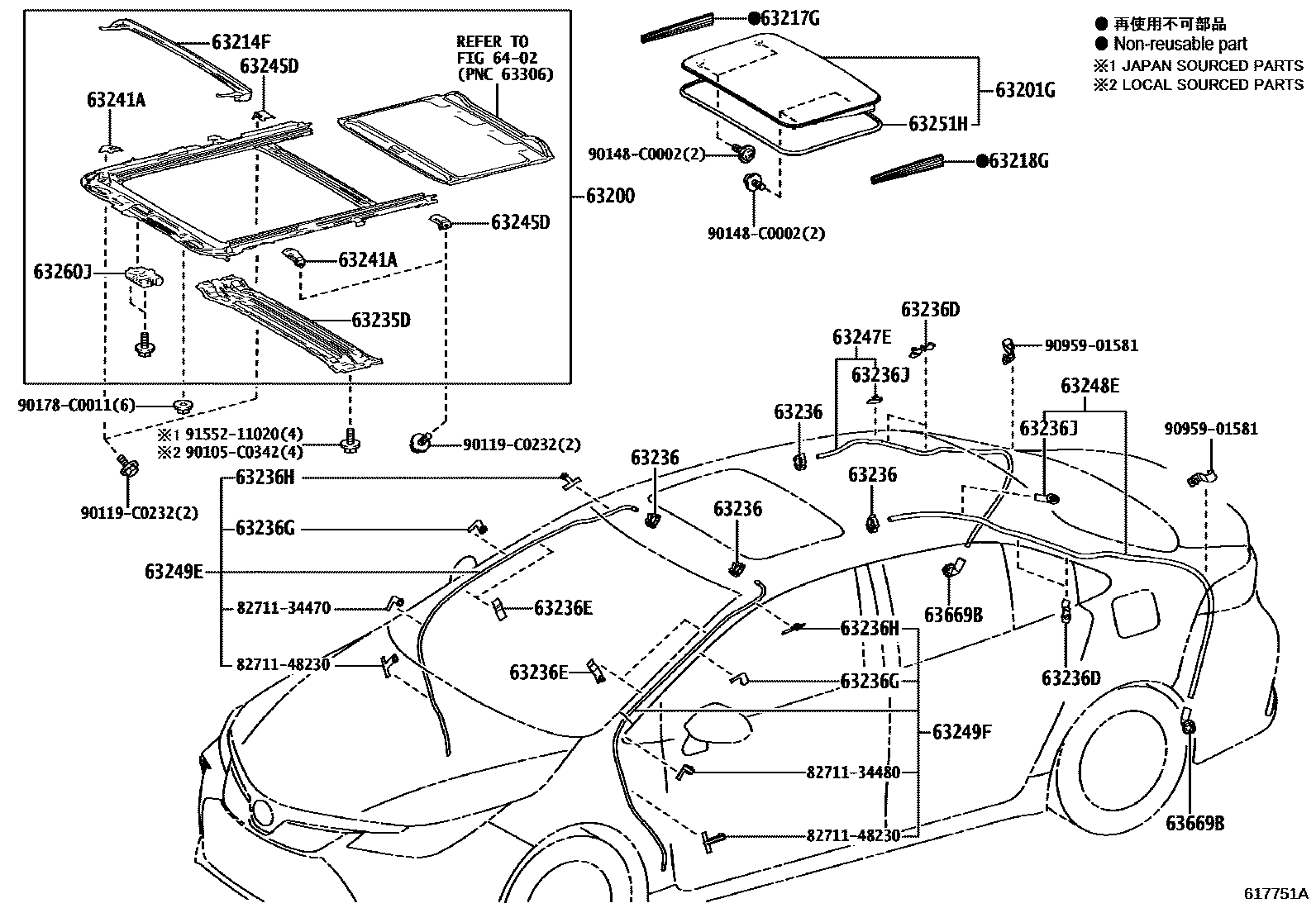Toyota COROLLA 天窗板和背窗玻璃 EPC diagram — 617751A
