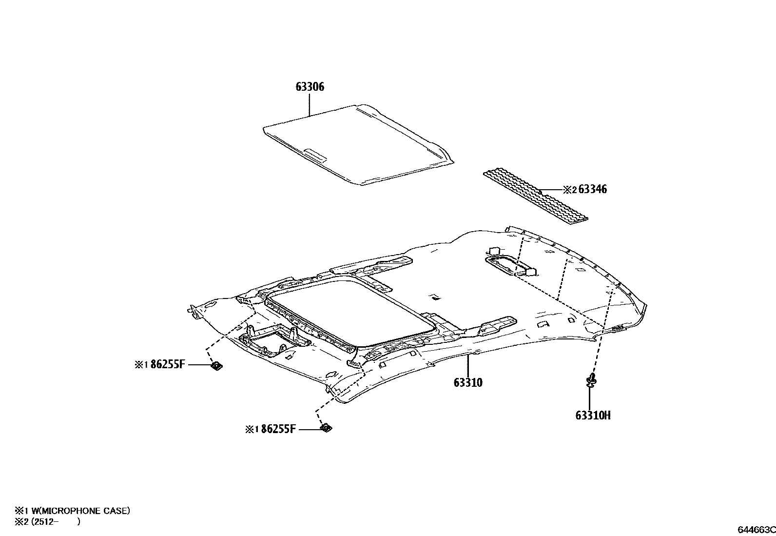Toyota COROLLA 车顶内衬和消声垫 EPC diagram — 644663C