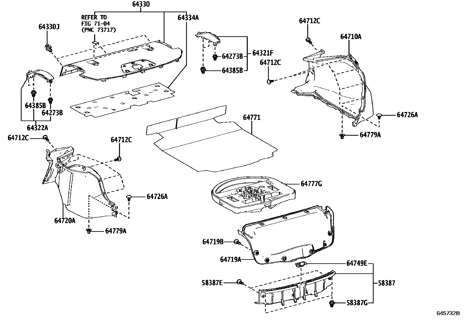 Toyota COROLLA 杂物箱板和行李箱垫 EPC diagram — 645732B