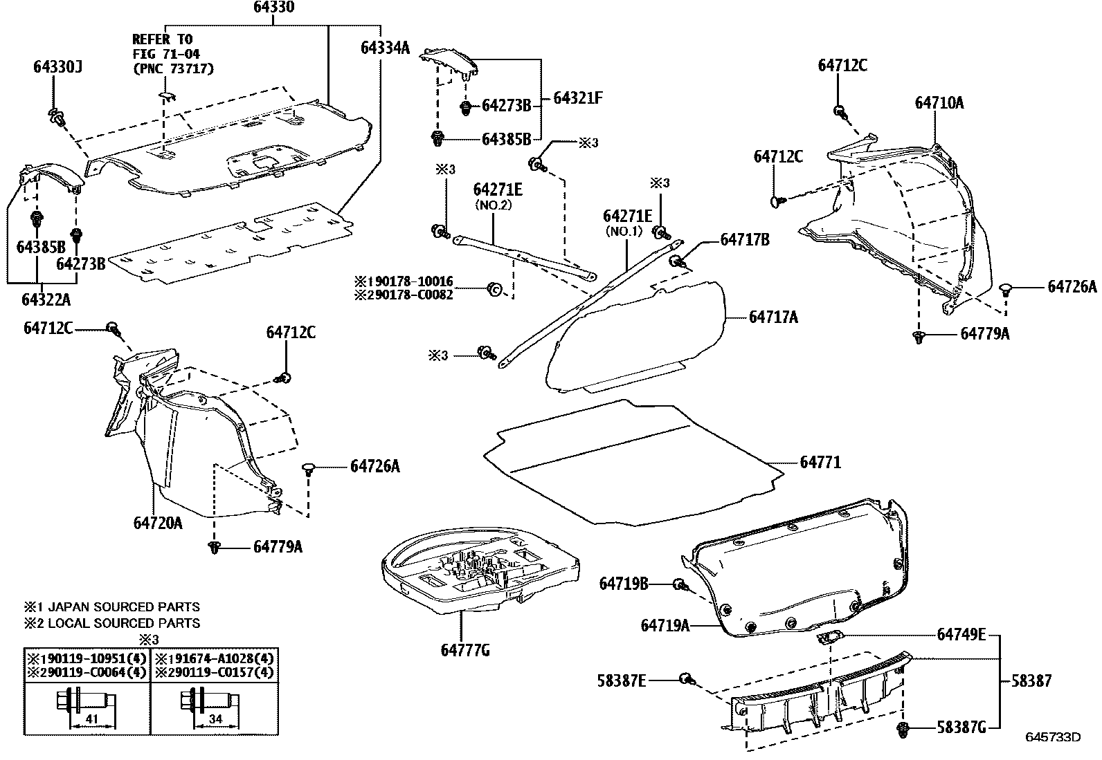 Toyota COROLLA 杂物箱板和行李箱垫 EPC diagram — 645733D