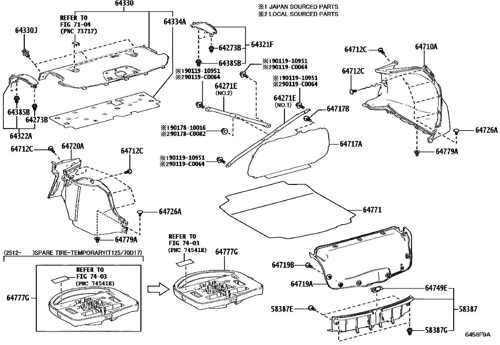 Toyota COROLLA 杂物箱板和行李箱垫 EPC diagram — 6458F9A