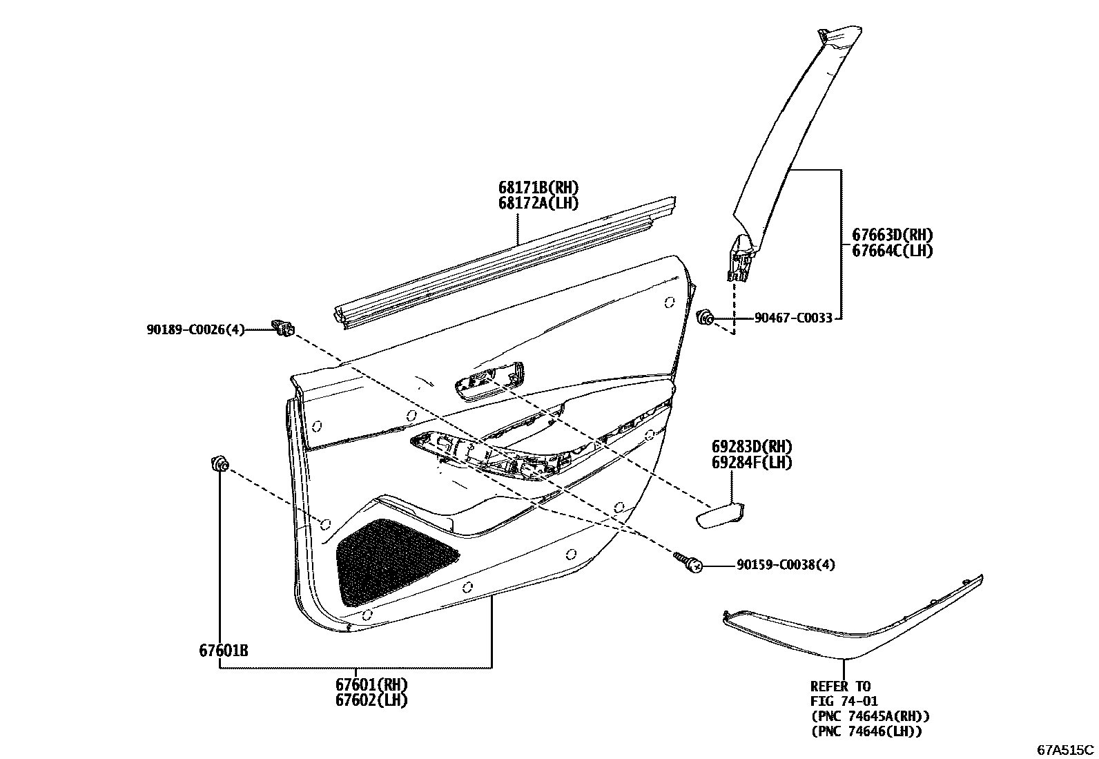Toyota COROLLA 前门板和前门玻璃 EPC diagram — 67A515C