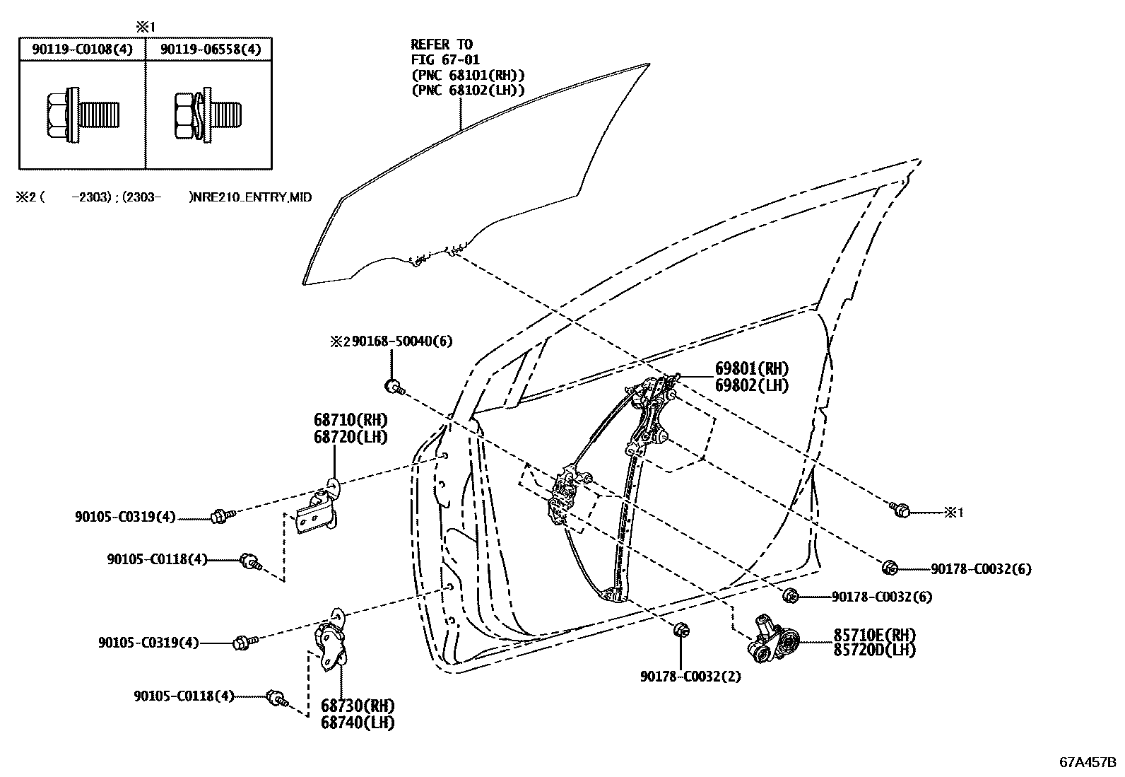 Toyota COROLLA 前门车窗升降器和合页 EPC diagram — 67A457B