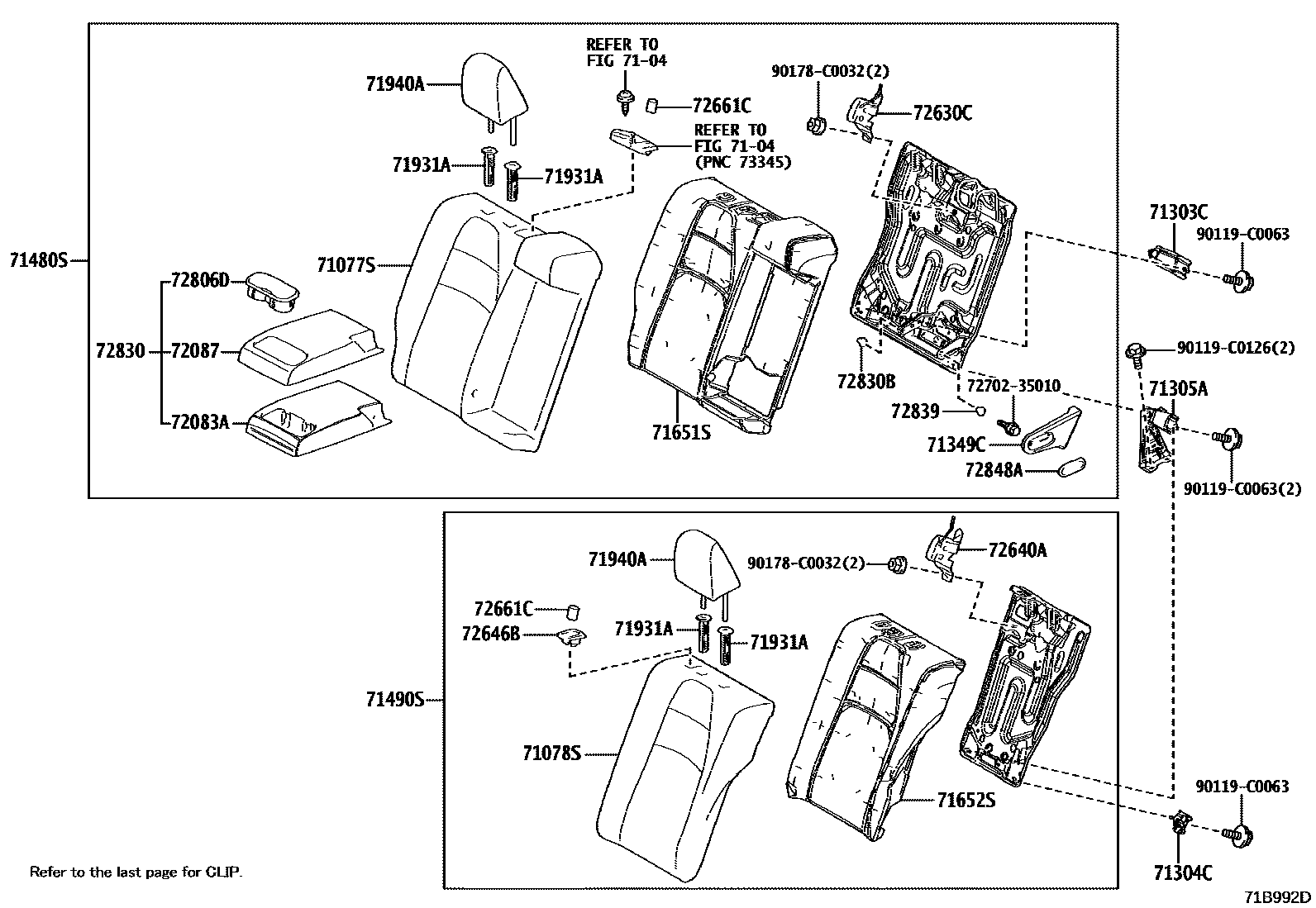 Toyota COROLLA 后排座椅和座椅滑轨 EPC diagram — 71B992D