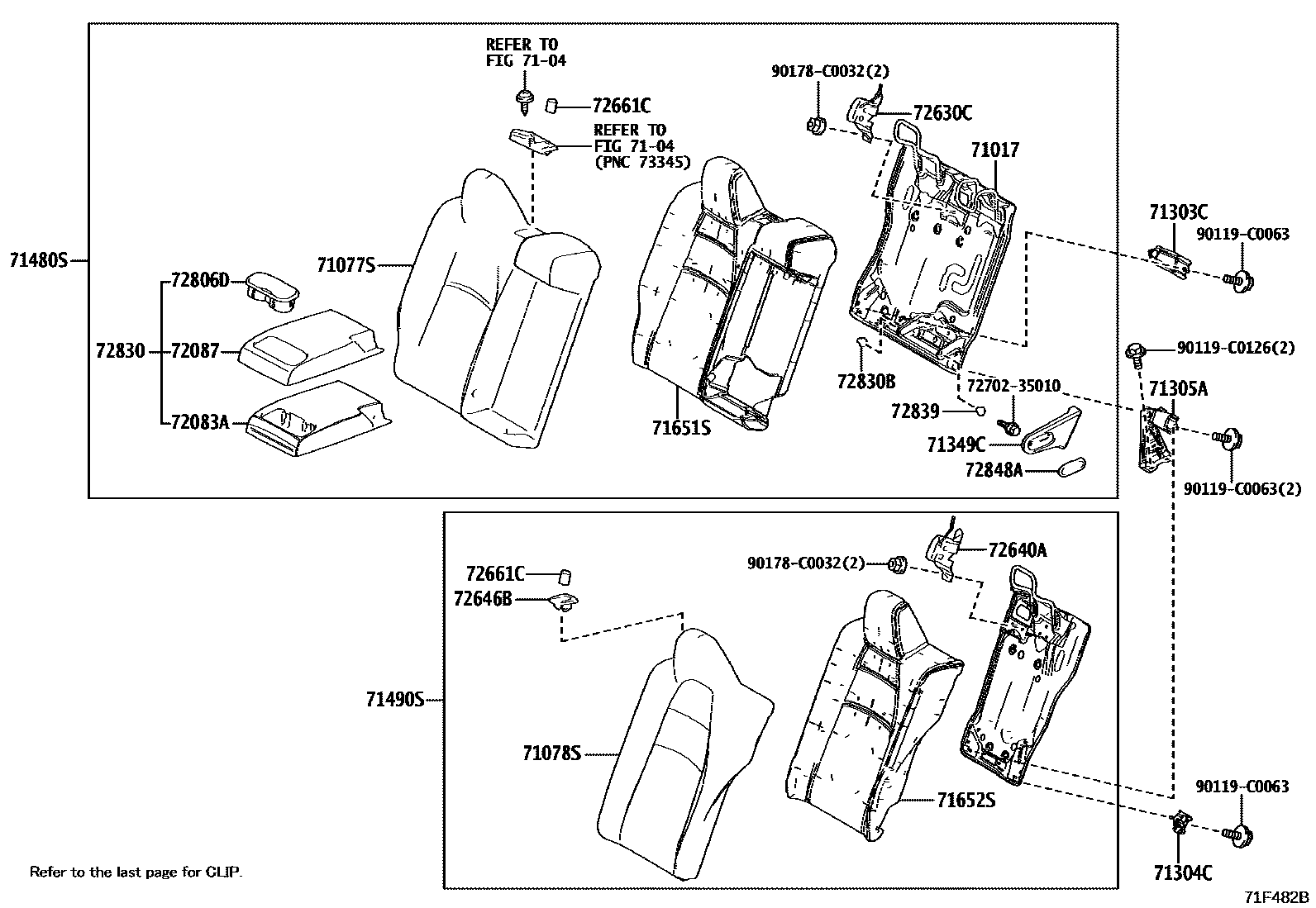 Toyota COROLLA 后排座椅和座椅滑轨 EPC diagram — 71F482B