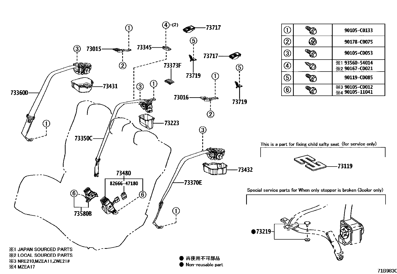 Toyota COROLLA 安全带和儿童保护座椅 EPC diagram — 71B983C