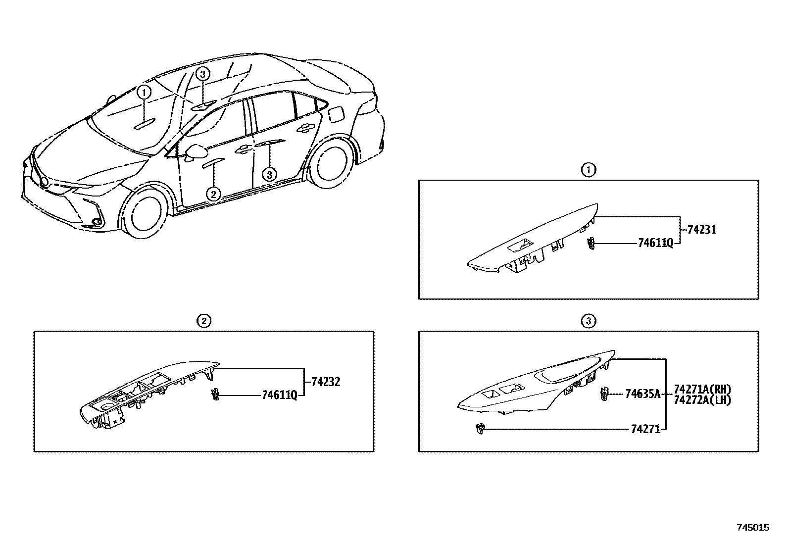 Toyota COROLLA 扶手和遮阳板 EPC diagram — 745015