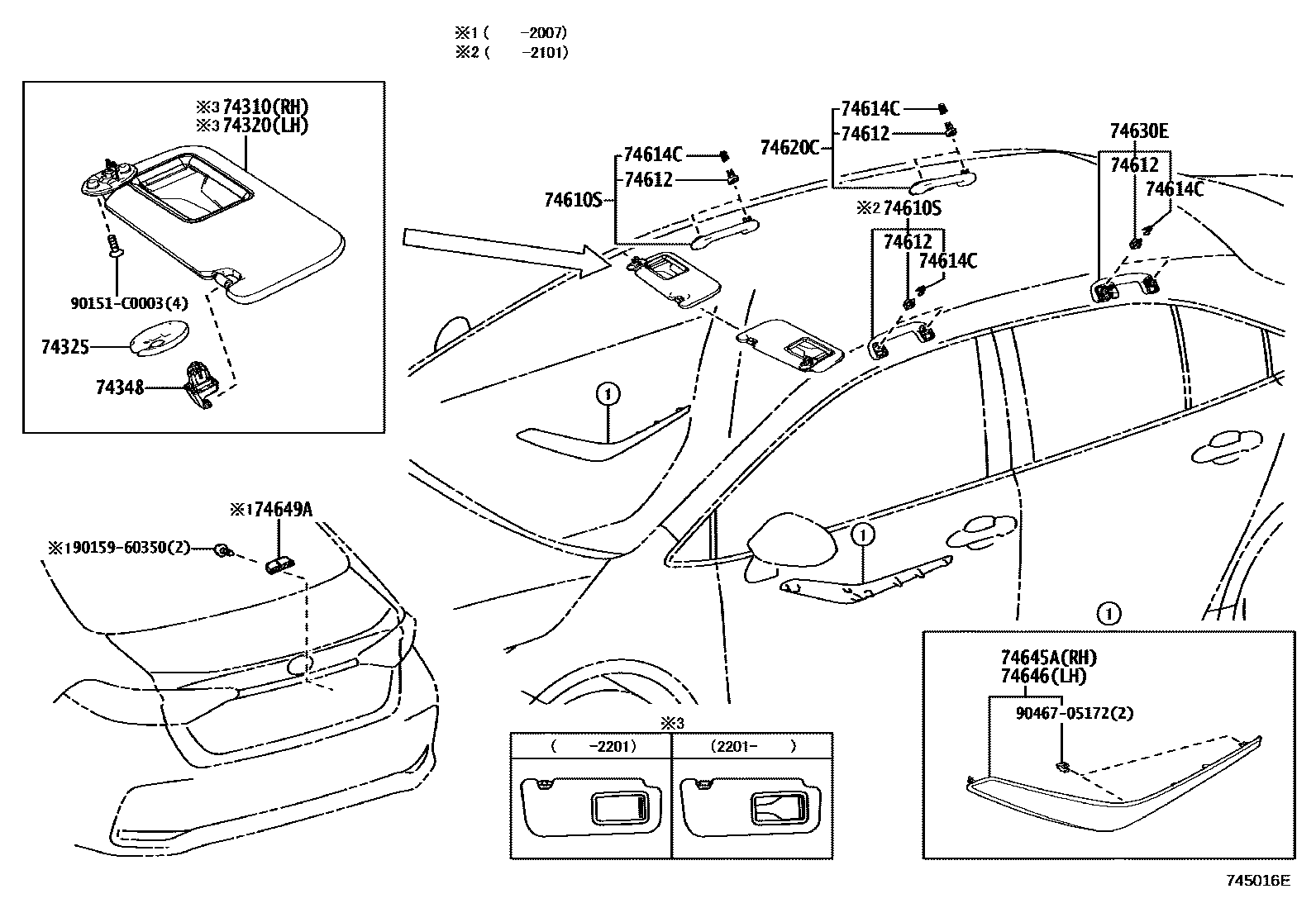 Toyota COROLLA 扶手和遮阳板 EPC diagram — 745016E