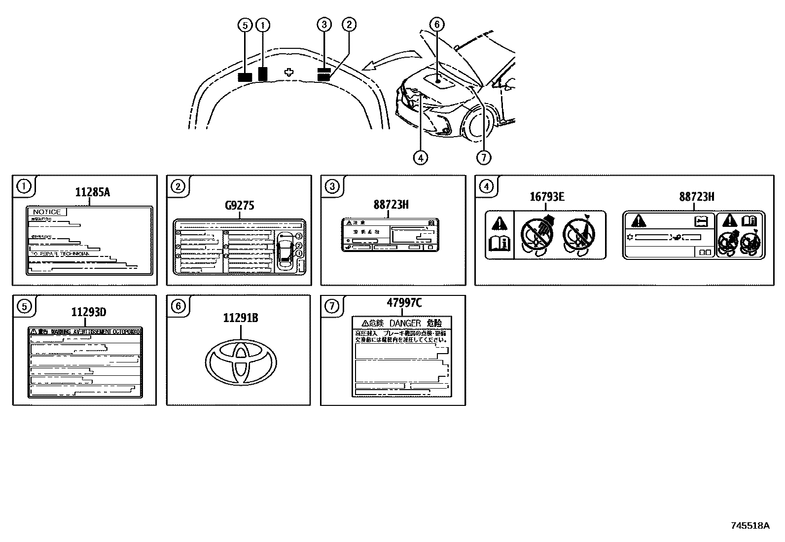 Toyota COROLLA 警示铭牌(车外和车内) EPC diagram — 745518A