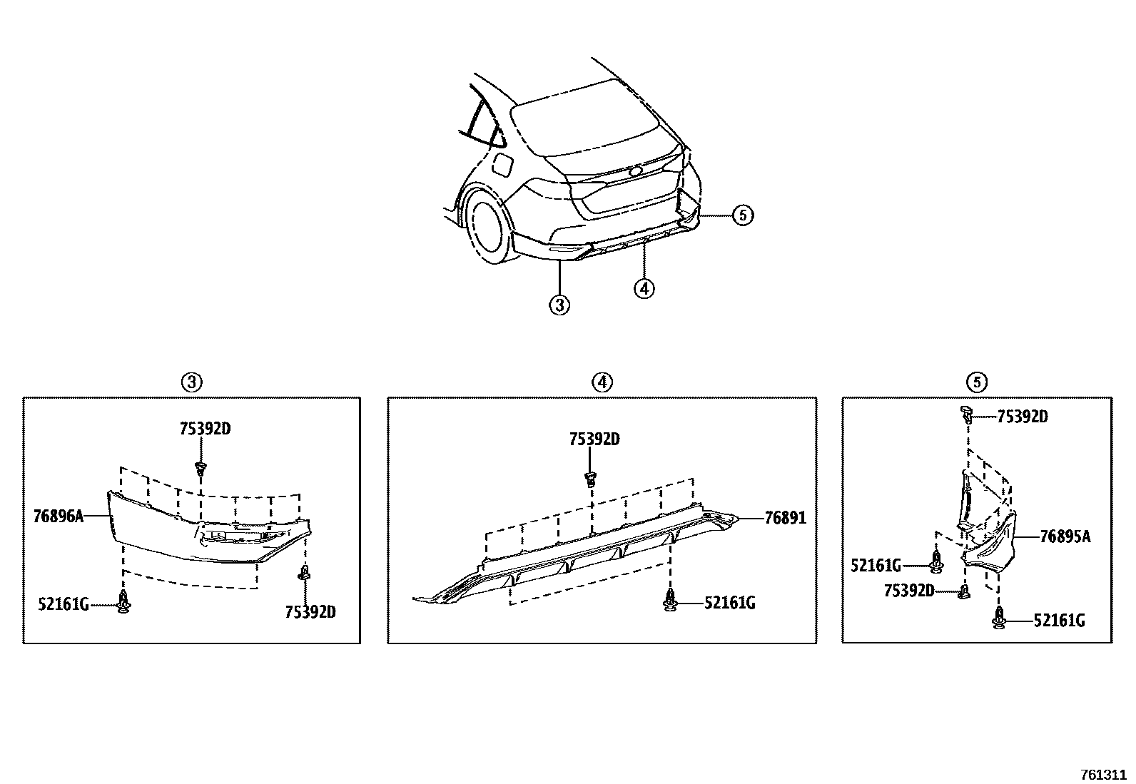 Toyota COROLLA 挡泥板和扰流板 EPC diagram — 761311