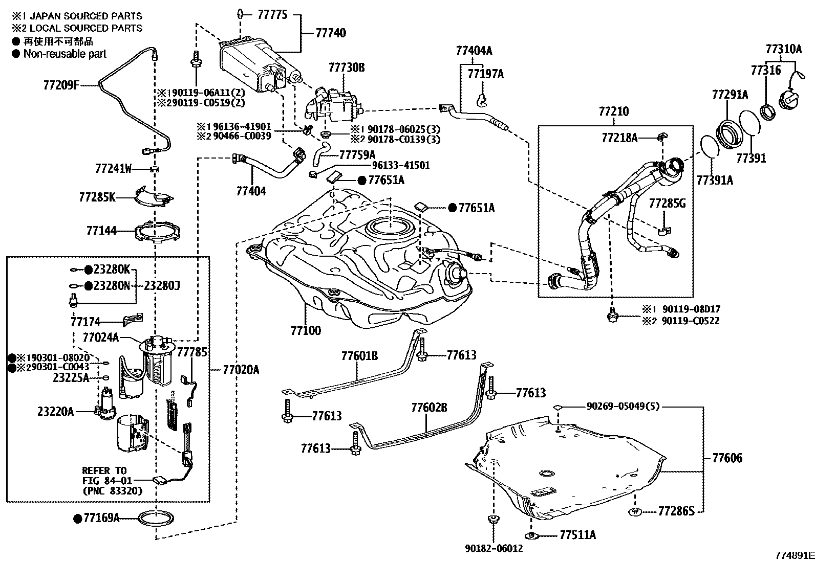 Toyota COROLLA 燃油箱和燃油管 EPC diagram — 774891E