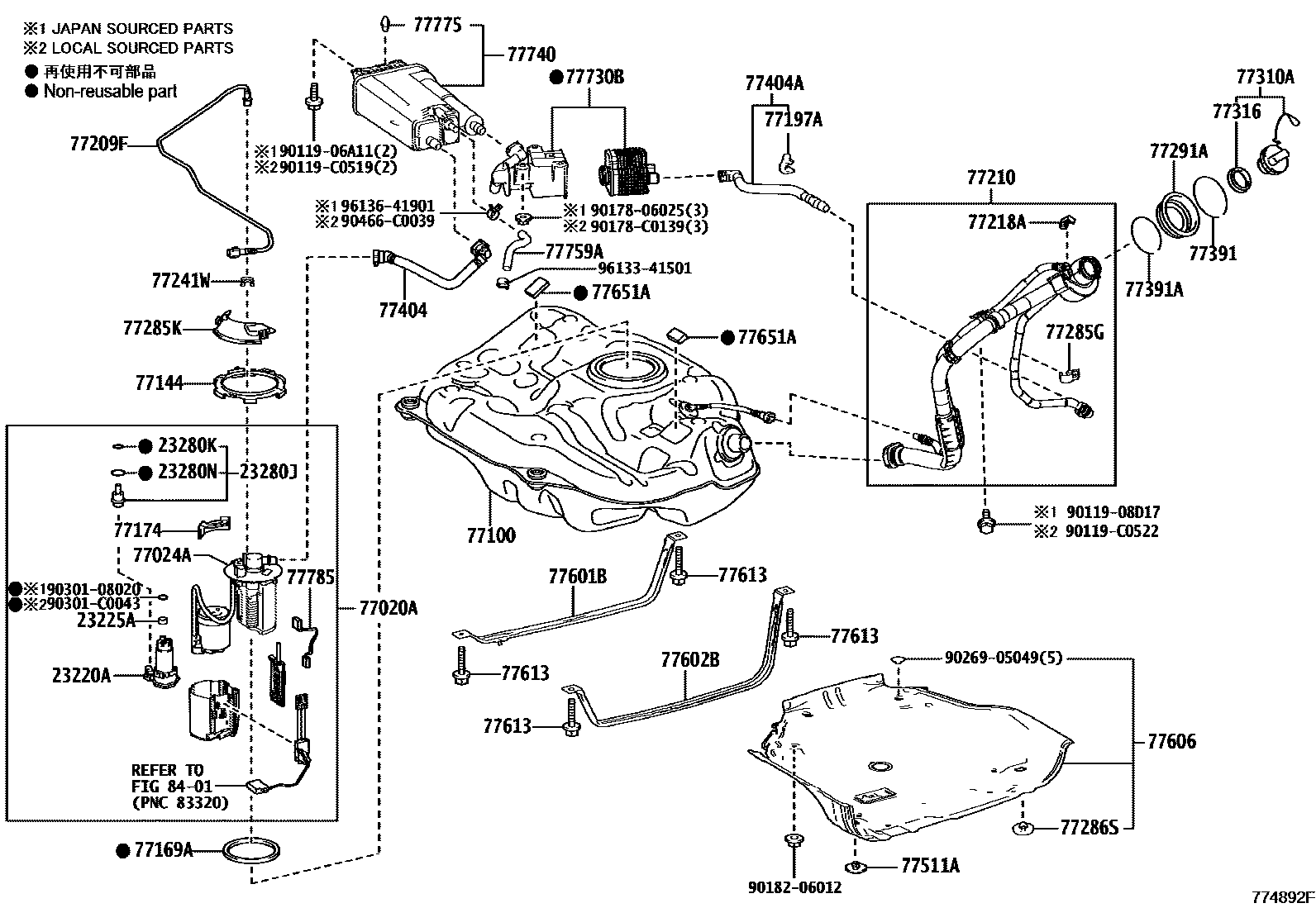Toyota COROLLA 燃油箱和燃油管 EPC diagram — 774892F