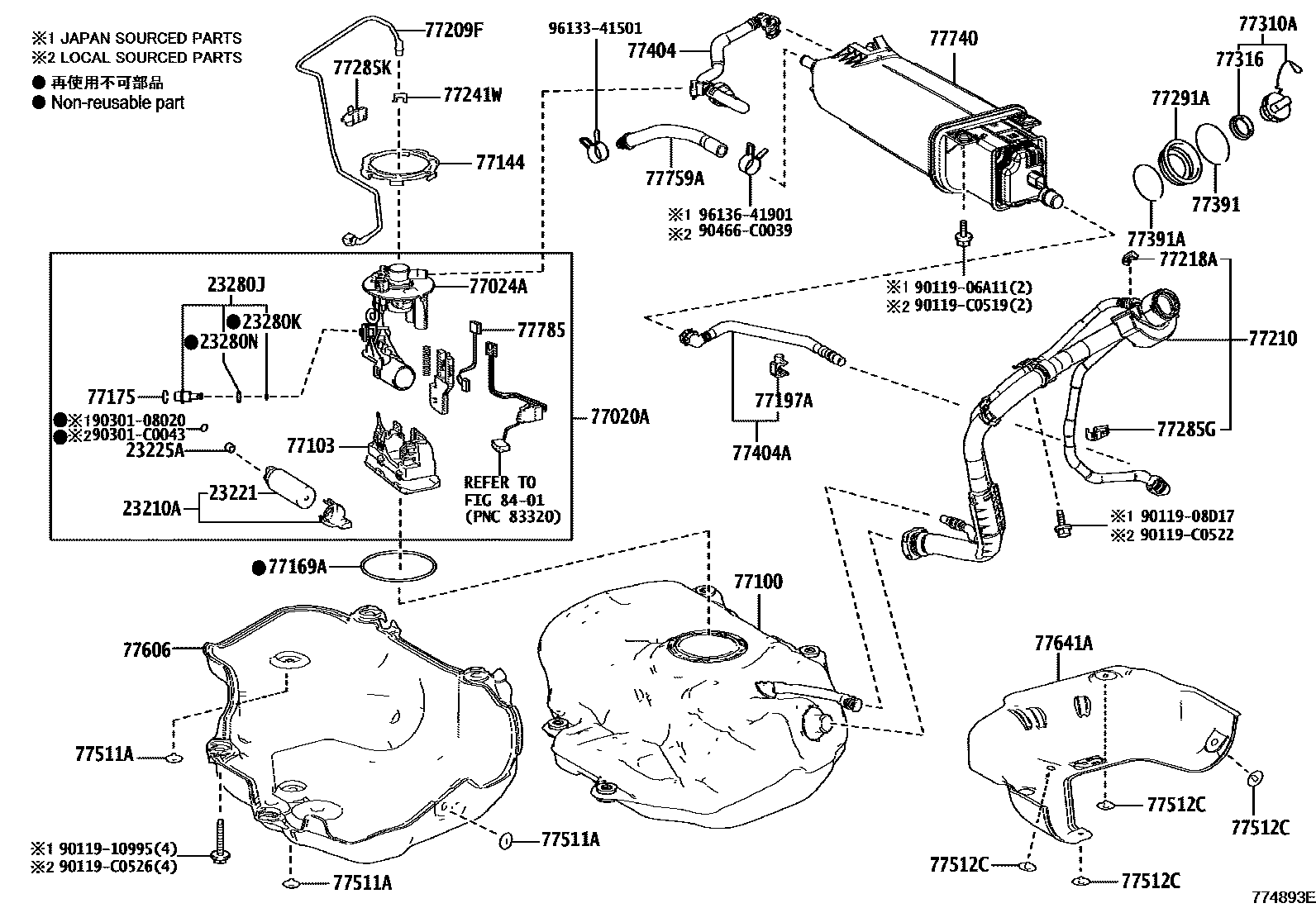 Toyota COROLLA 燃油箱和燃油管 EPC diagram — 774893E