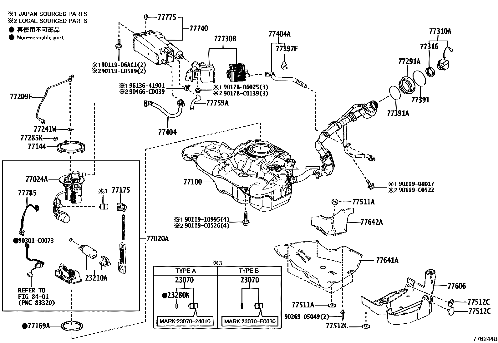 Toyota COROLLA 燃油箱和燃油管 EPC diagram — 776244B