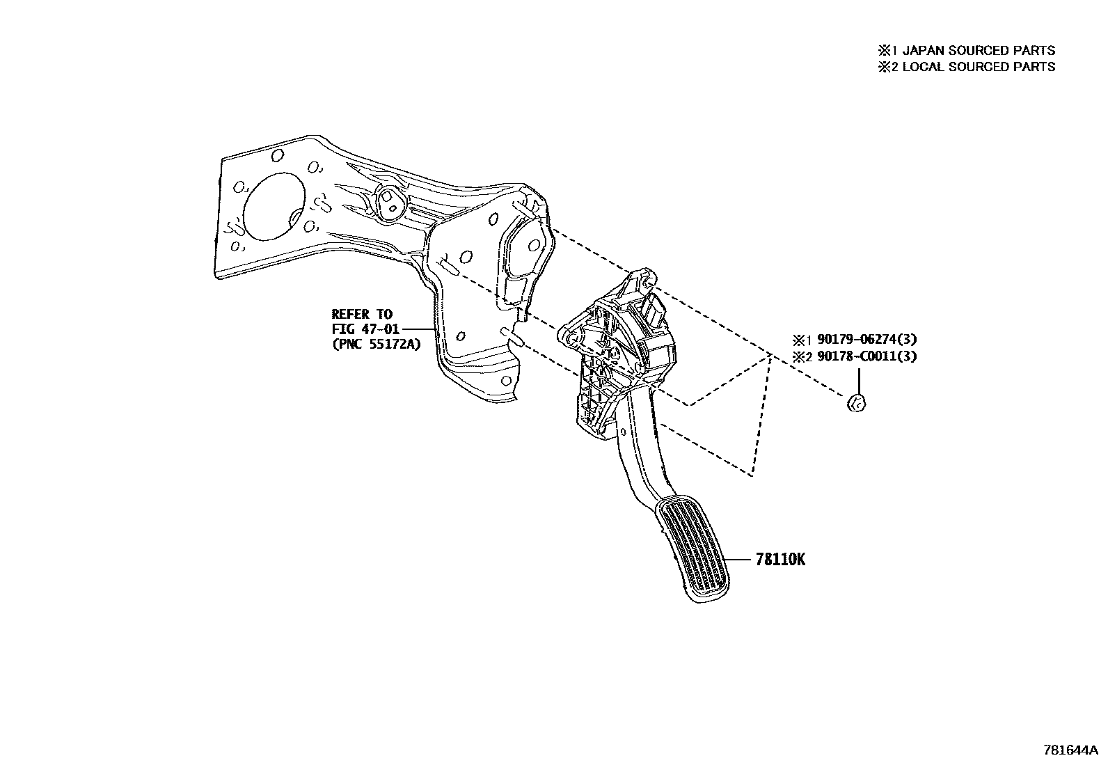 Toyota COROLLA accelerator pedal connecting rod EPC diagram — 781644A