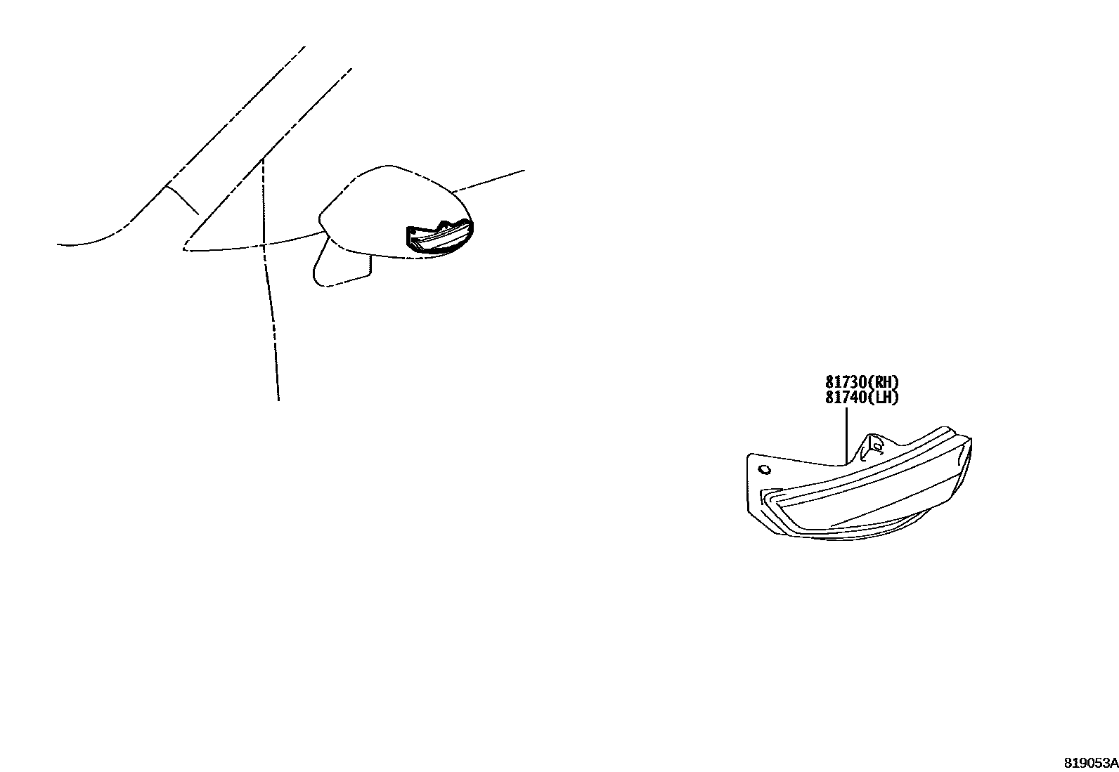 Toyota COROLLA Side Turn Signal & Outer Mirror Lamp EPC diagram — 819053A