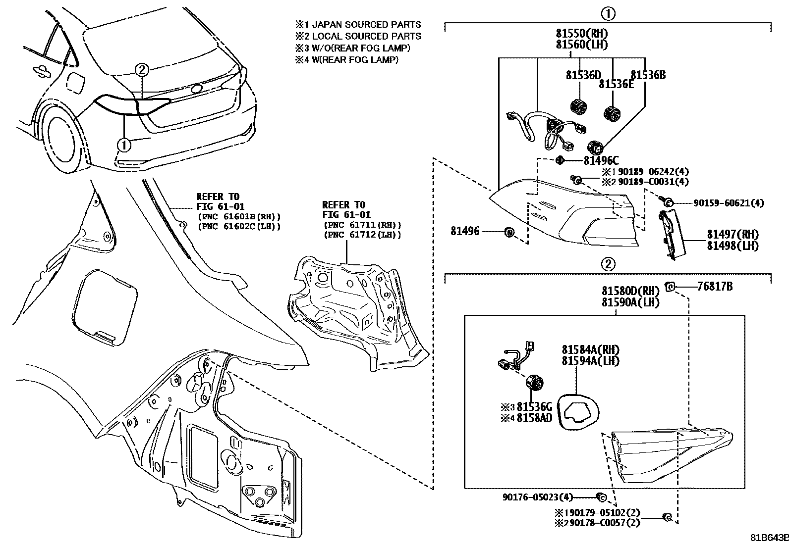 Toyota COROLLA 后组合灯 EPC diagram — 81B643B