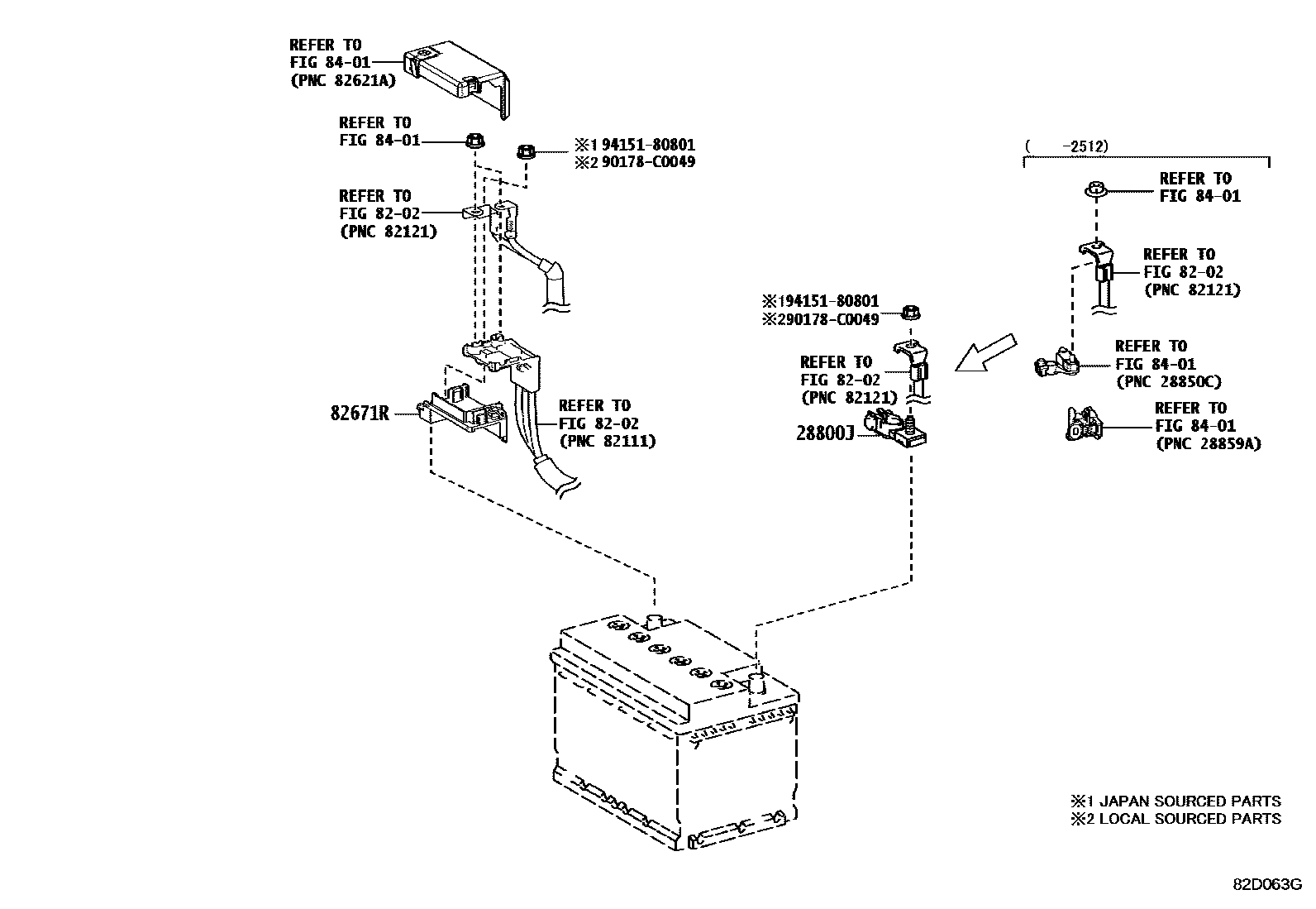 Toyota COROLLA 蓄电池和蓄电池电缆 EPC diagram — 82D063G