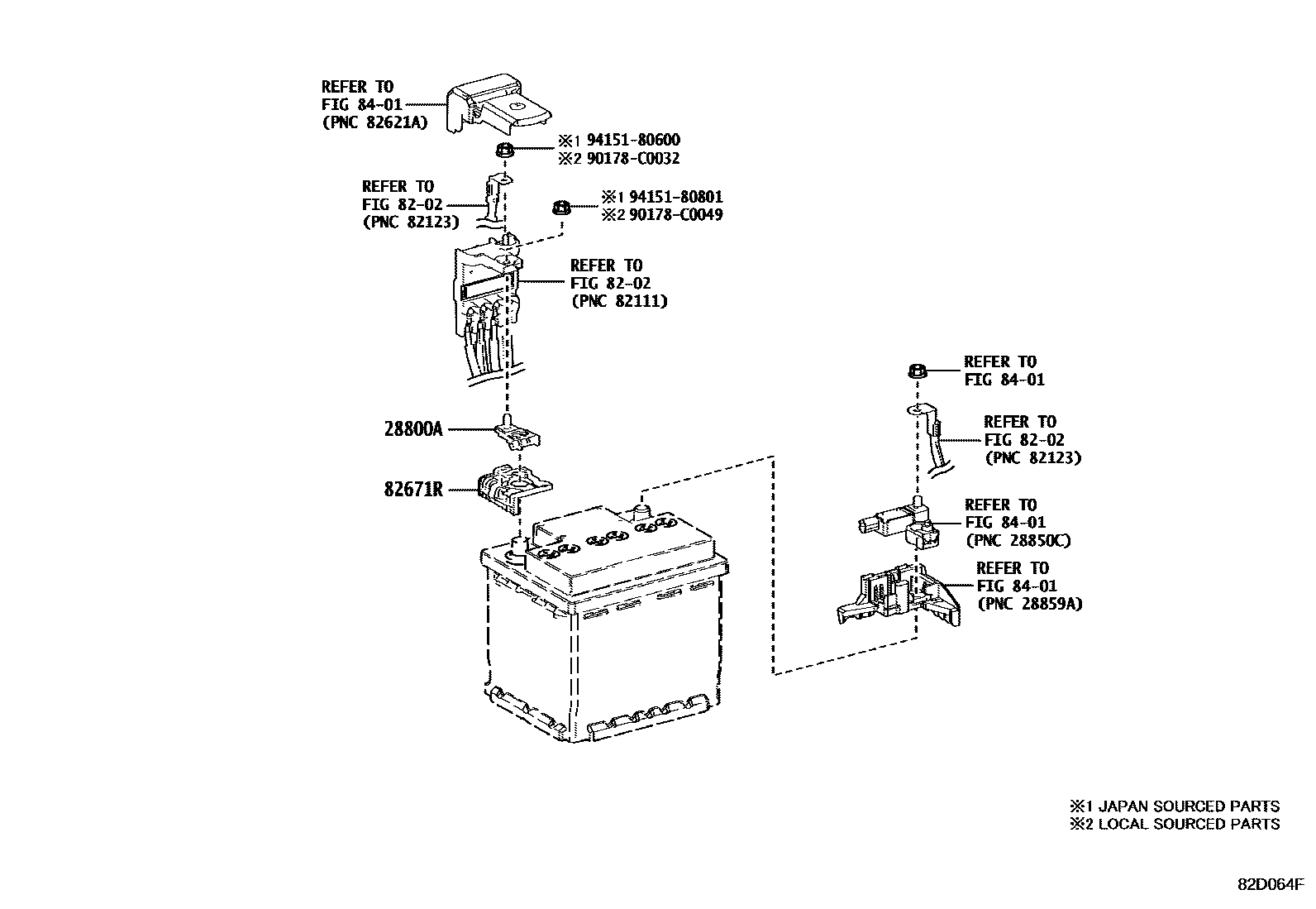 Toyota COROLLA 蓄电池和蓄电池电缆 EPC diagram — 82D064F