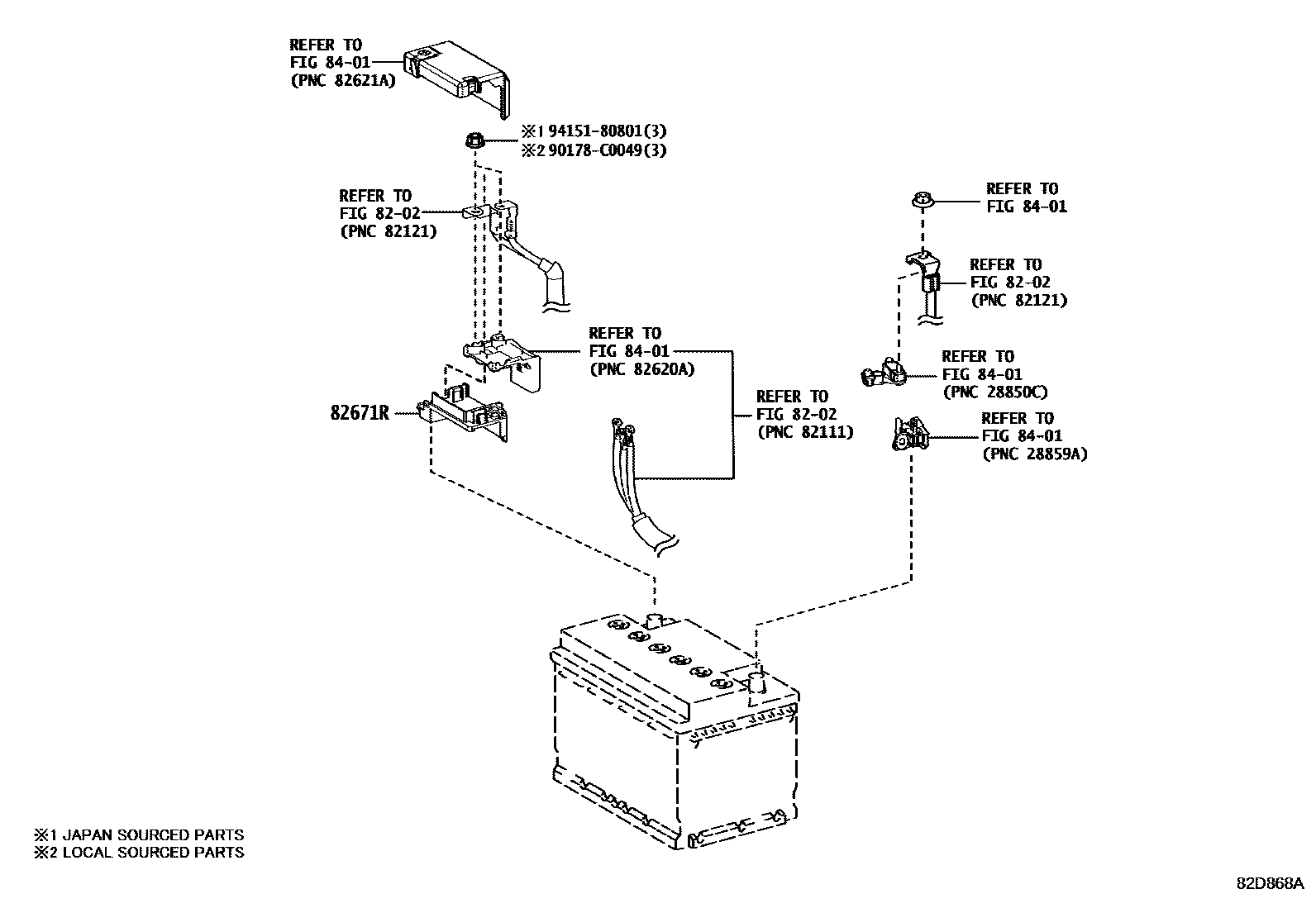 Toyota COROLLA 蓄电池和蓄电池电缆 EPC diagram — 82D868A