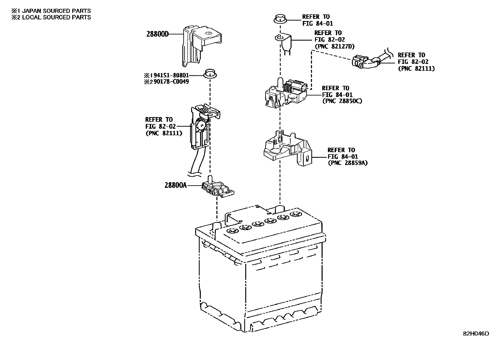 Toyota COROLLA 蓄电池和蓄电池电缆 EPC diagram — 82H046D