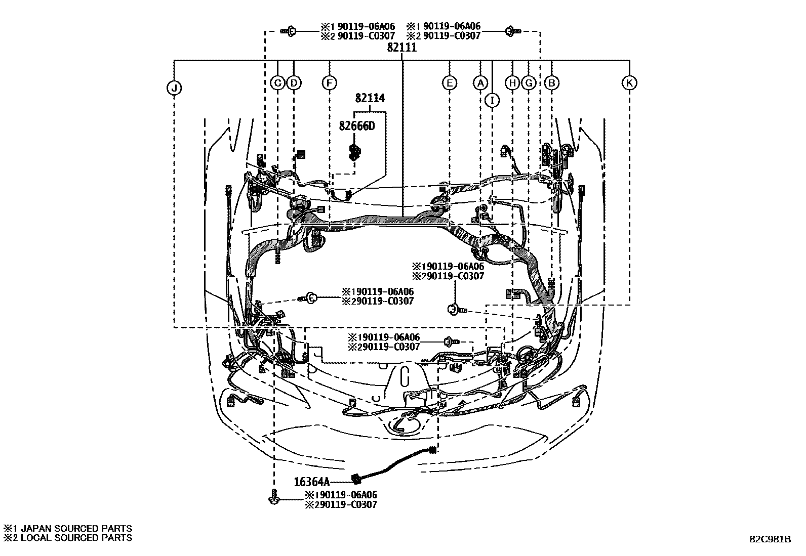 Toyota COROLLA 线束和卡夹 EPC diagram — 82C981B