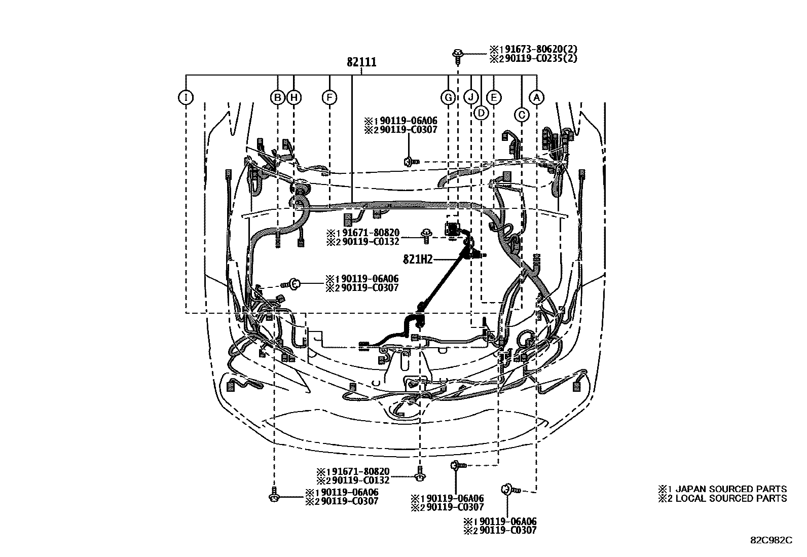Toyota COROLLA 线束和卡夹 EPC diagram — 82C982C