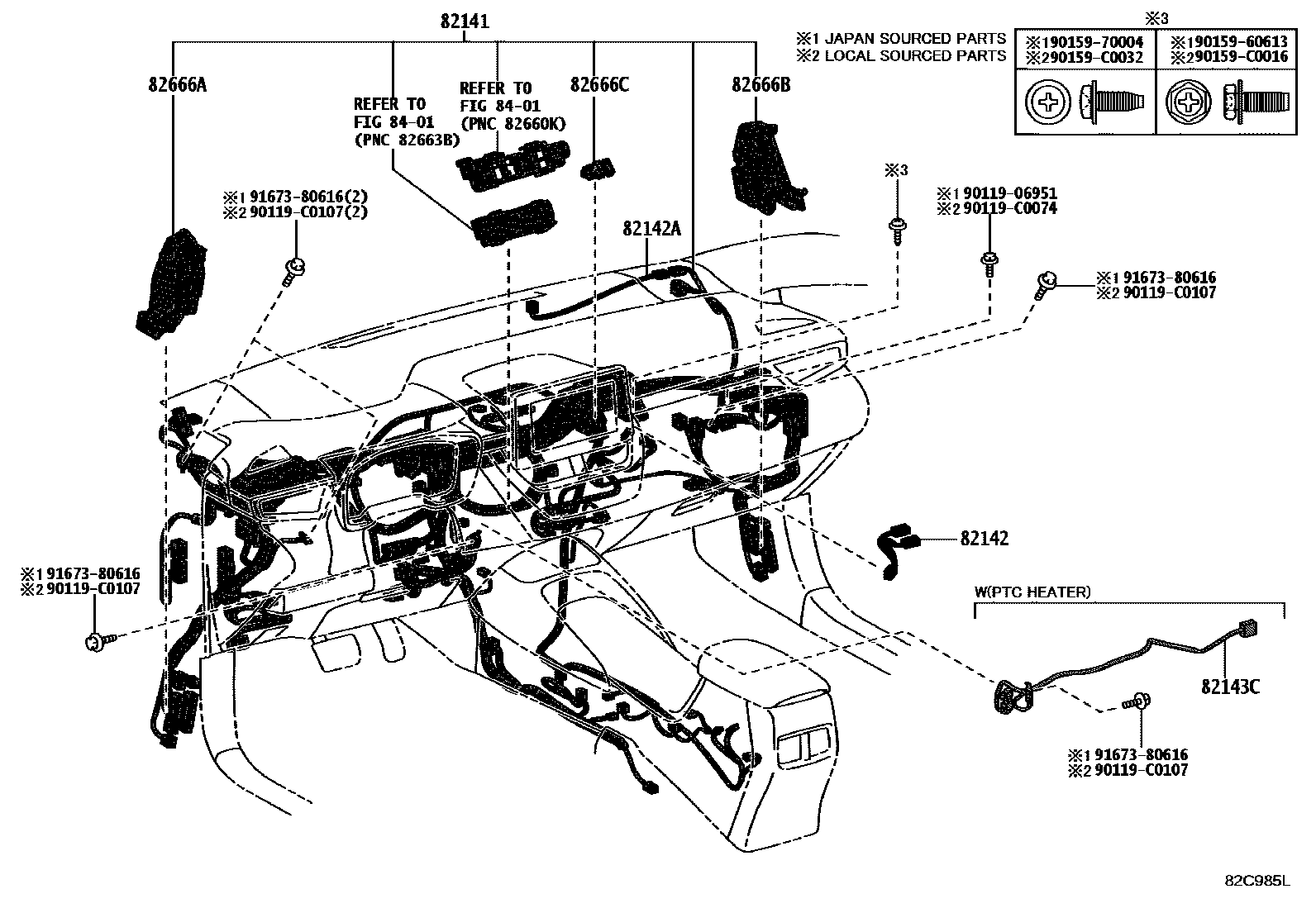 Toyota COROLLA 线束和卡夹 EPC diagram — 82C985M