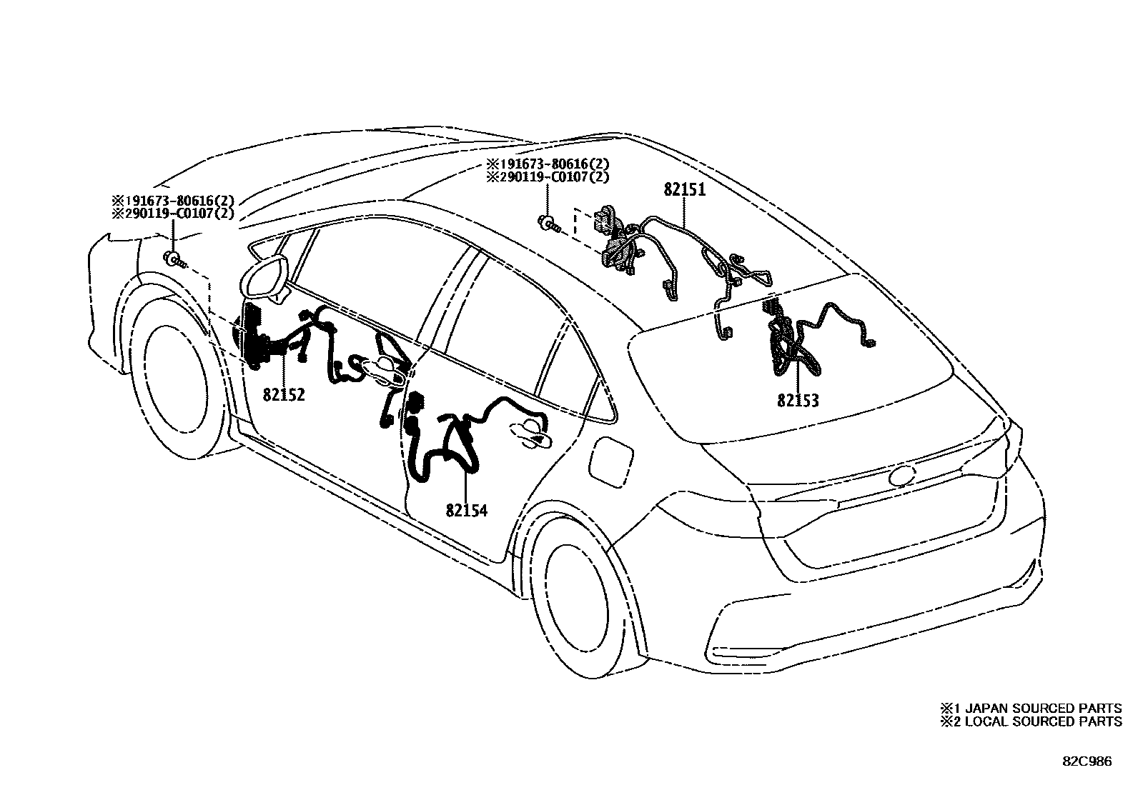 Toyota COROLLA 线束和卡夹 EPC diagram — 82C986