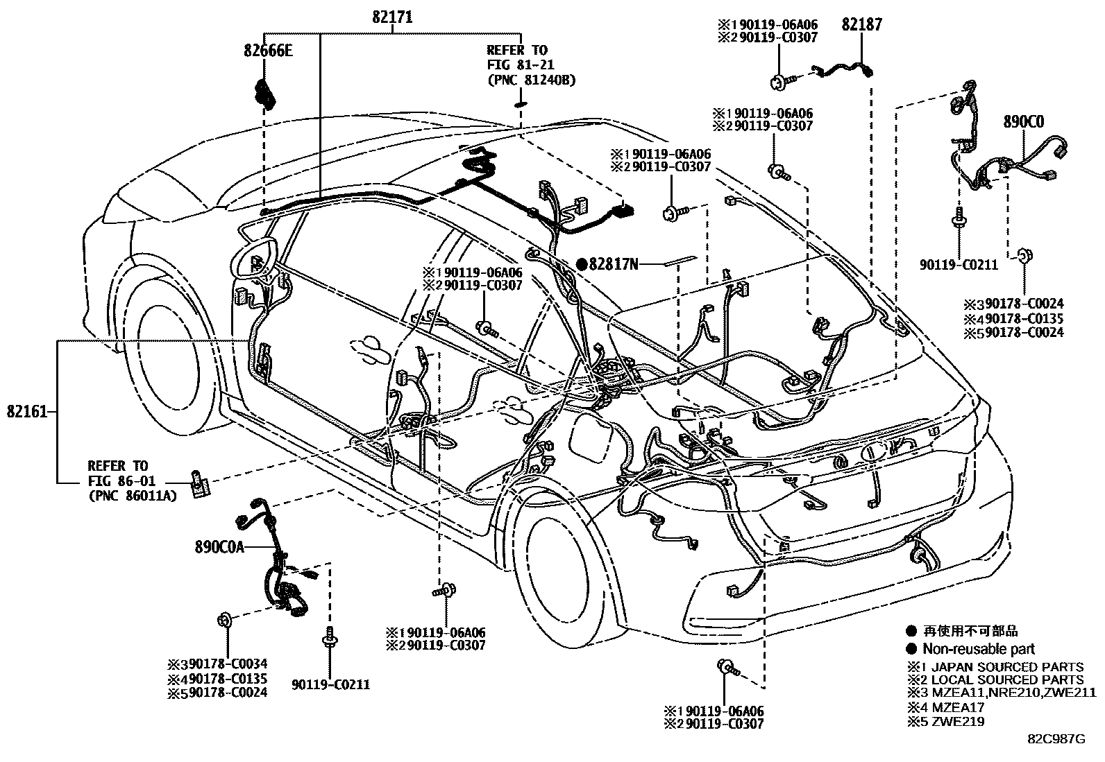 Toyota COROLLA 线束和卡夹 EPC diagram — 82C987G