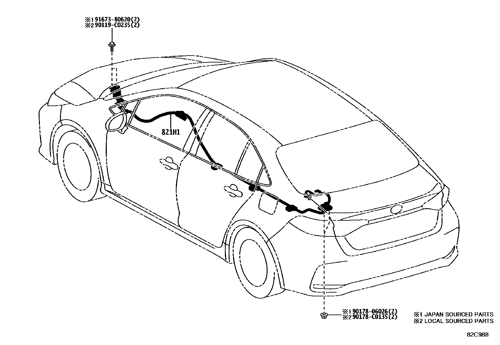 Toyota COROLLA 线束和卡夹 EPC diagram — 82C988