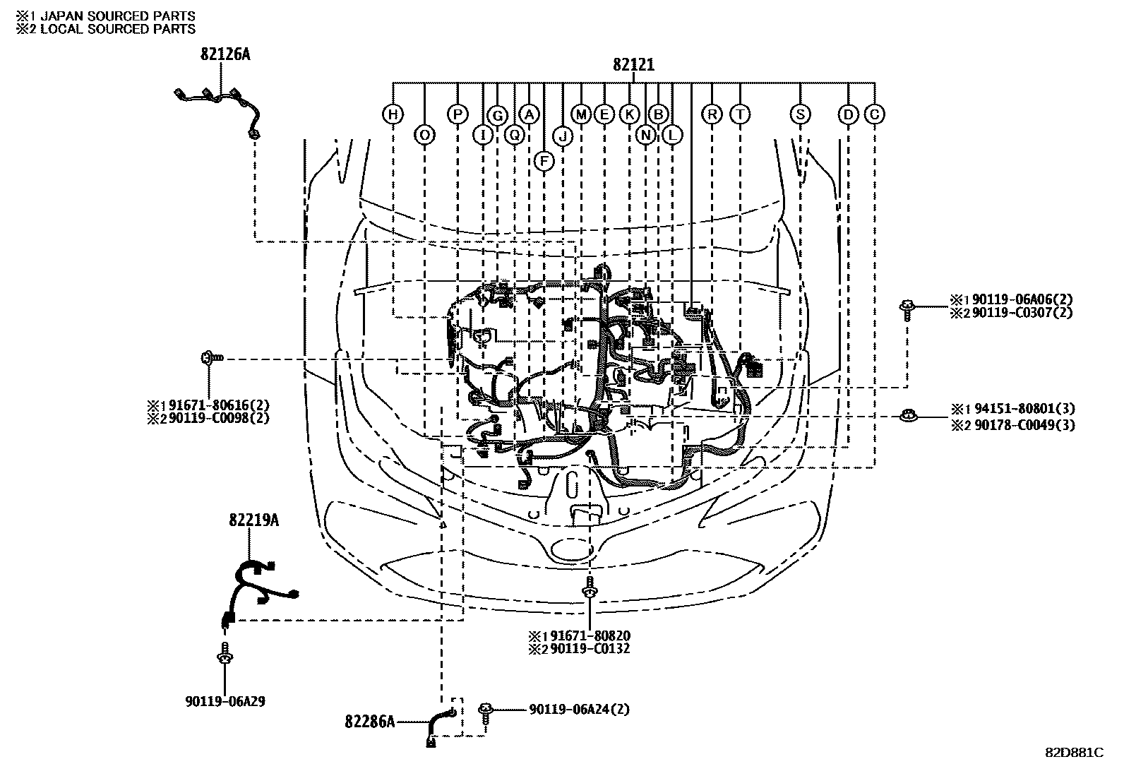 Toyota COROLLA 线束和卡夹 EPC diagram — 82D881C