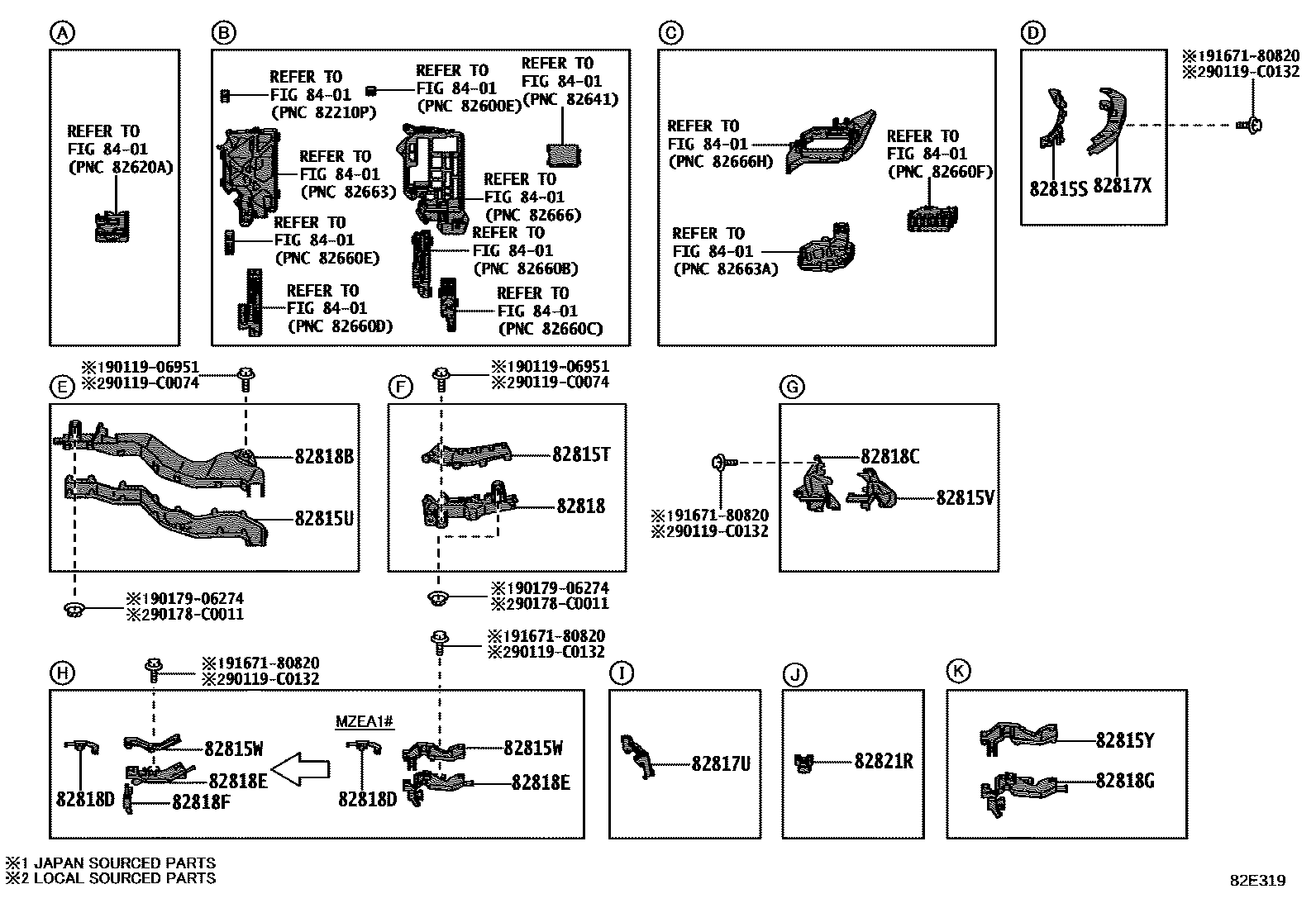 Toyota COROLLA 线束和卡夹 EPC diagram — 82E319