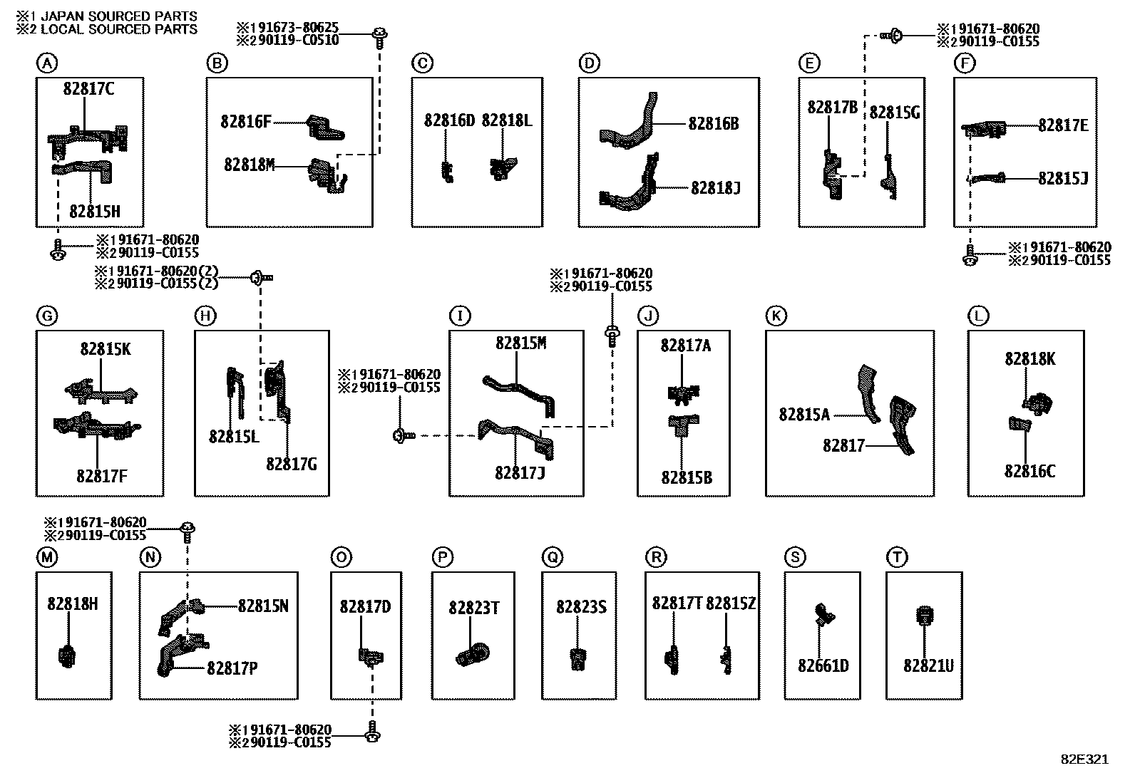 Toyota COROLLA 线束和卡夹 EPC diagram — 82E321