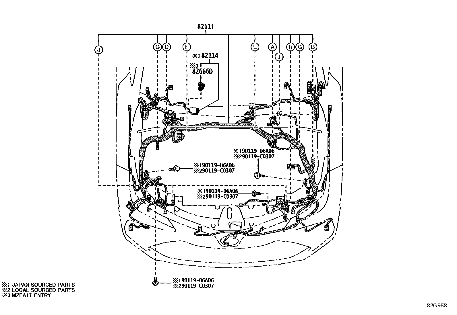 Toyota COROLLA 线束和卡夹 EPC diagram — 82G958